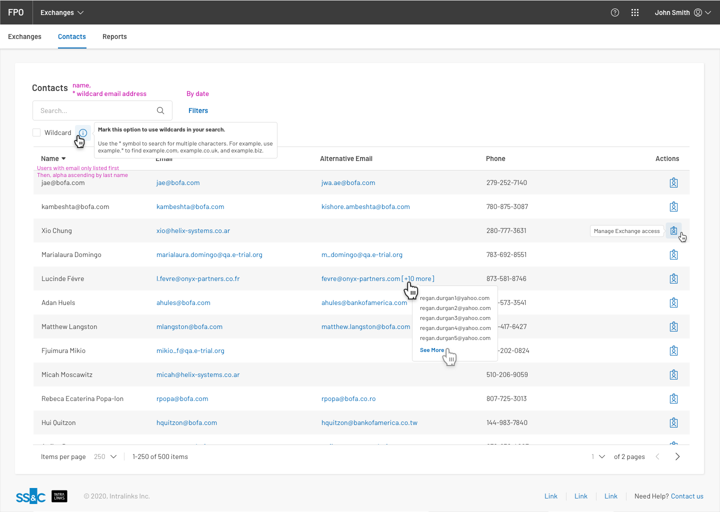 Contacts Tab - Select individual user to manager their access and role in Exchanges