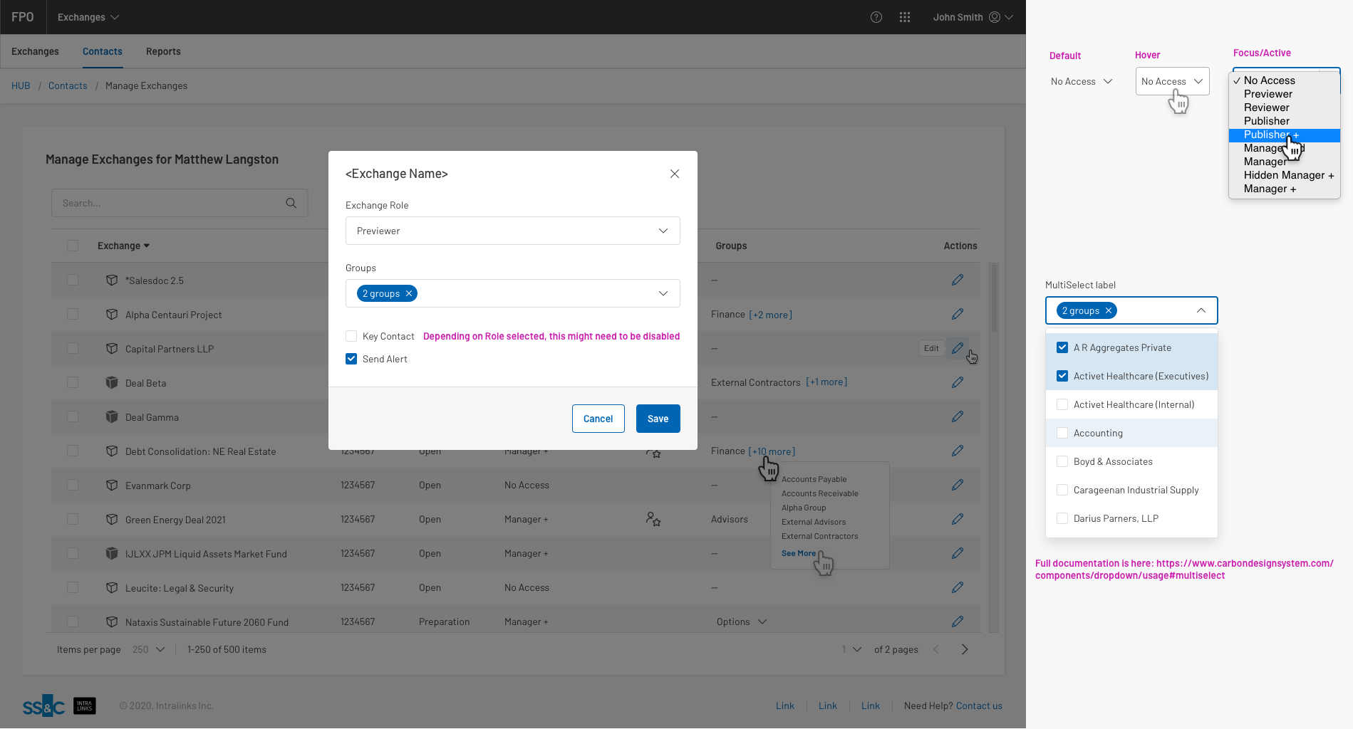 Edit access, role, and groups that user can belong to within this specific Exchange