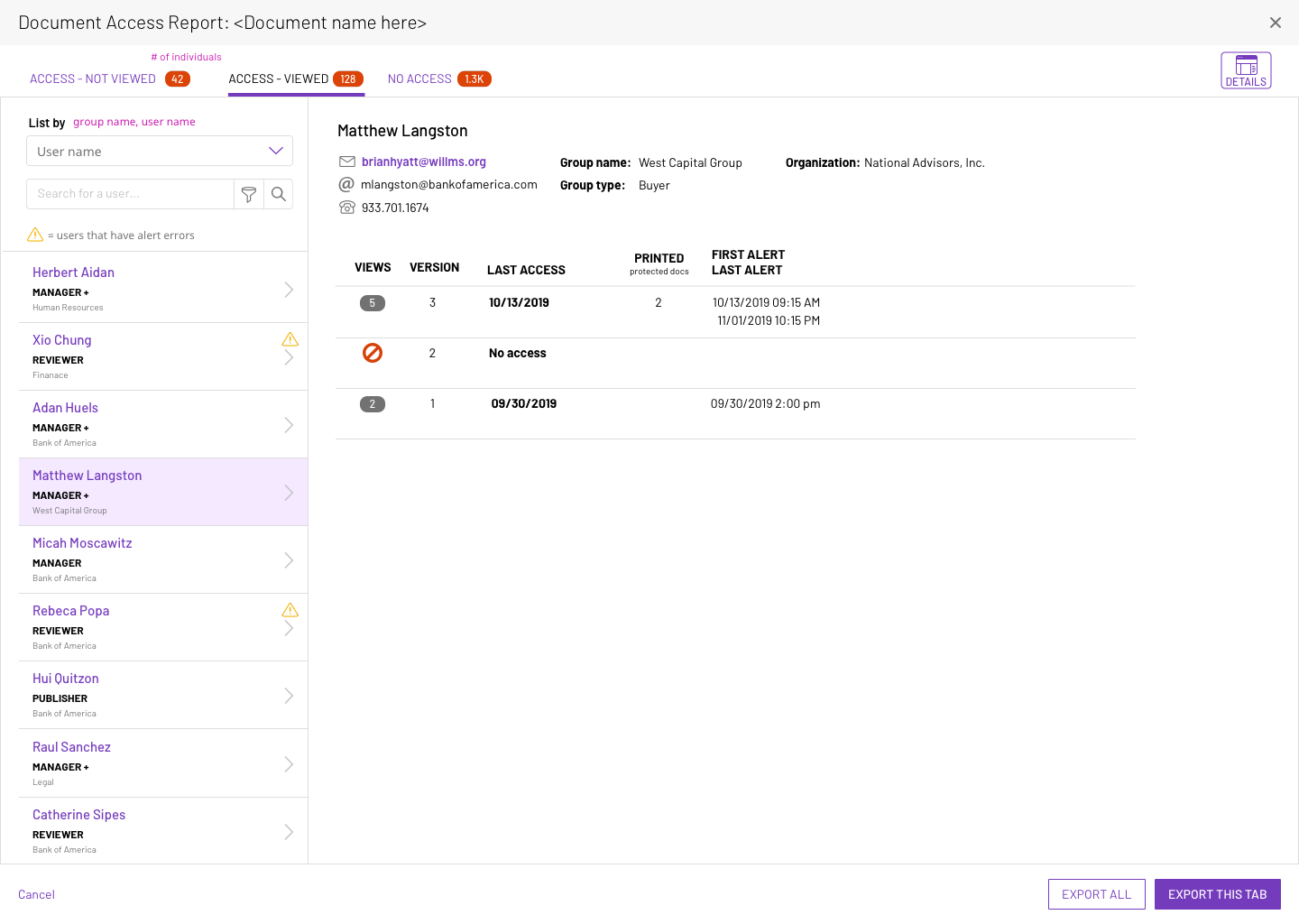 Viewed tab - listed by individuals