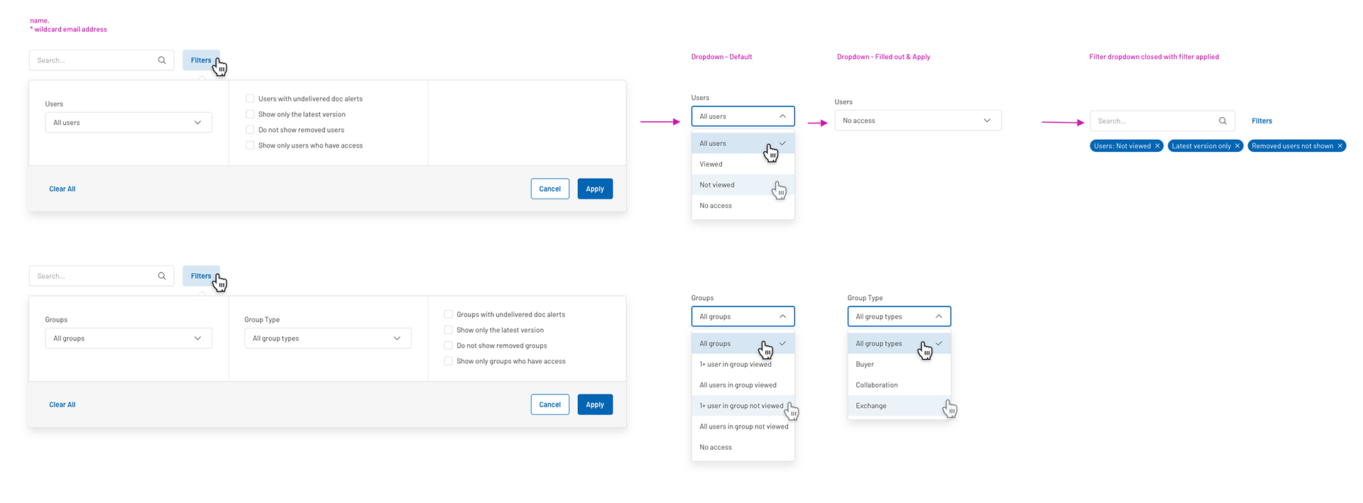 Filter dropdown and interactions detail.