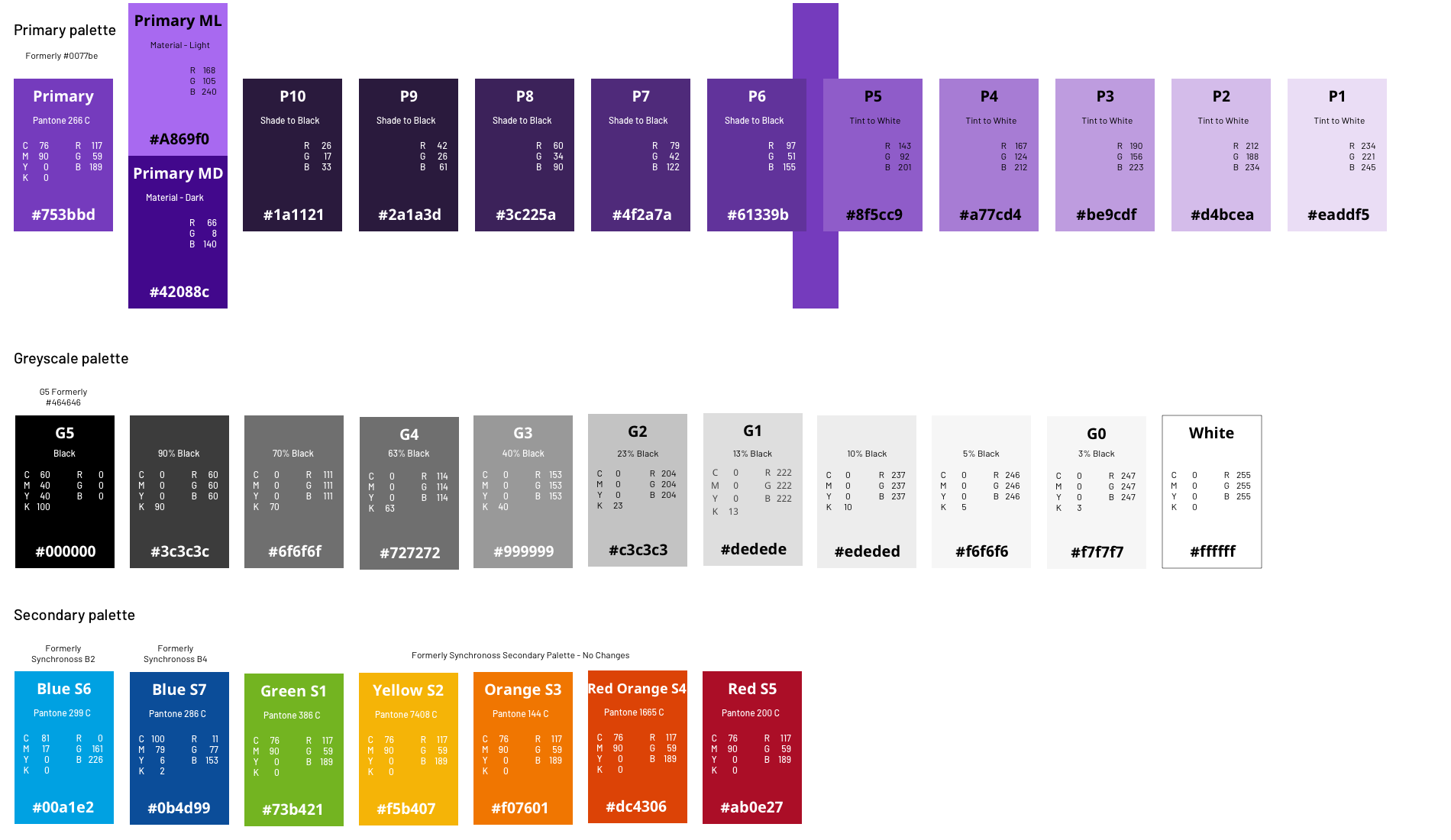Tints and shades of brand primary (purple) and secondary (black) colors would be needed to apply to various aspects of the interface.