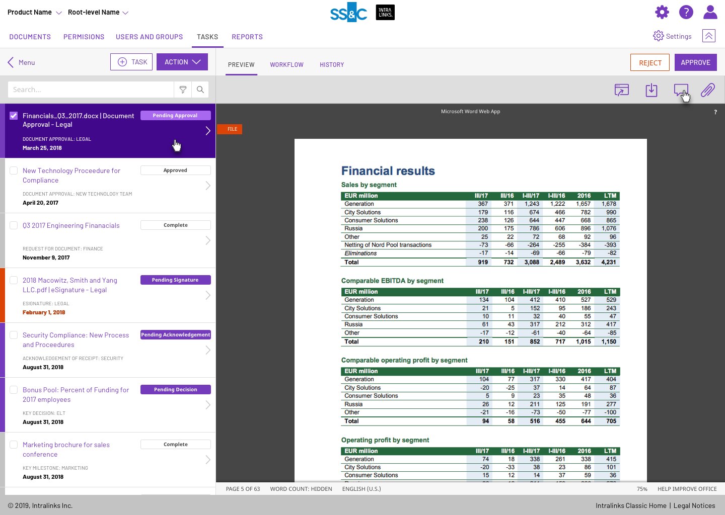 Tasks tab for Document Review with Document preview