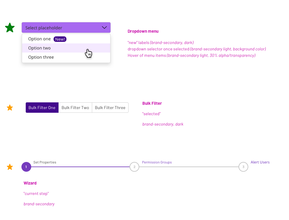 Specific instances of "hover" and "selected" states