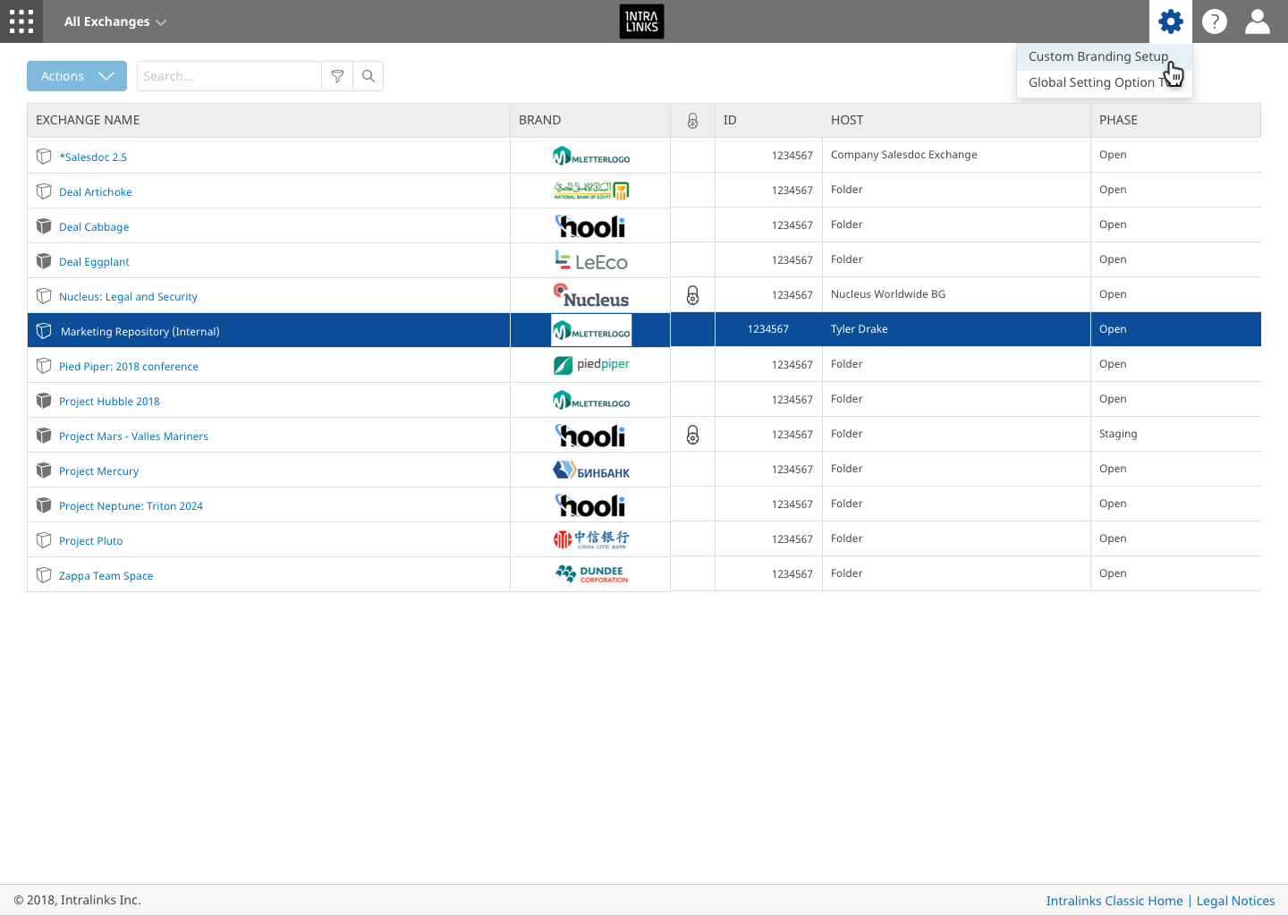 Intralinks HUB: Intralinks branding for the UI, custom brands for each project (Exchange) represented by a logo
