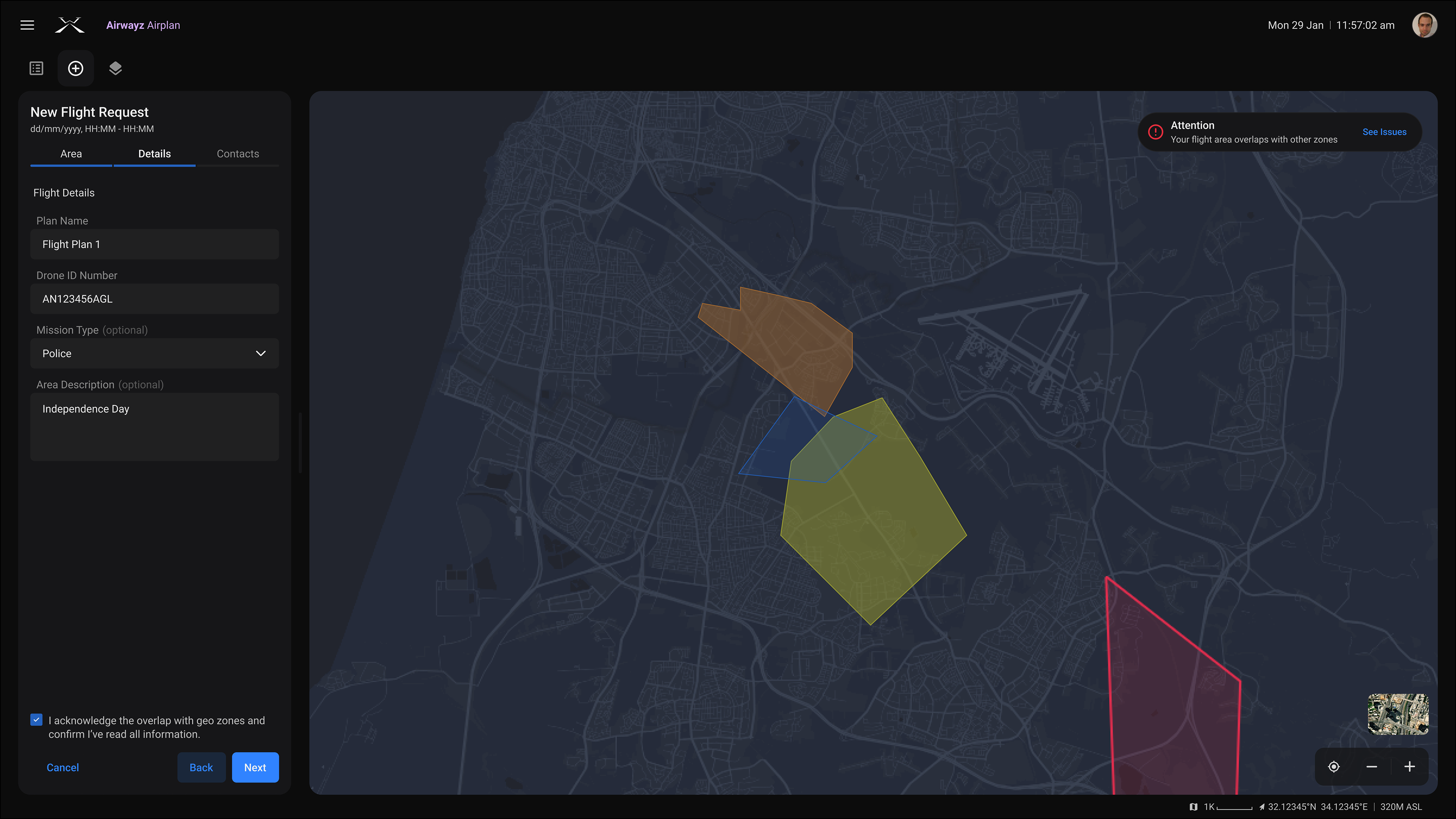 User is notified that they are overlapping with other areas.