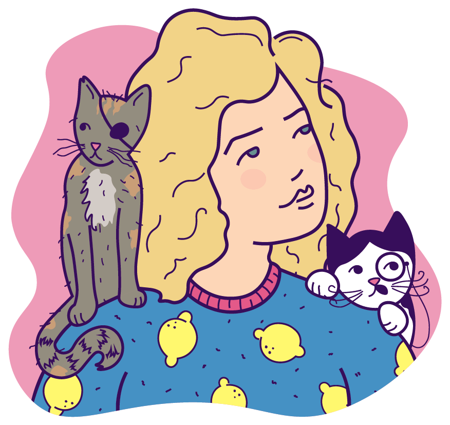 Emmie White logo image of herself with her two kitties