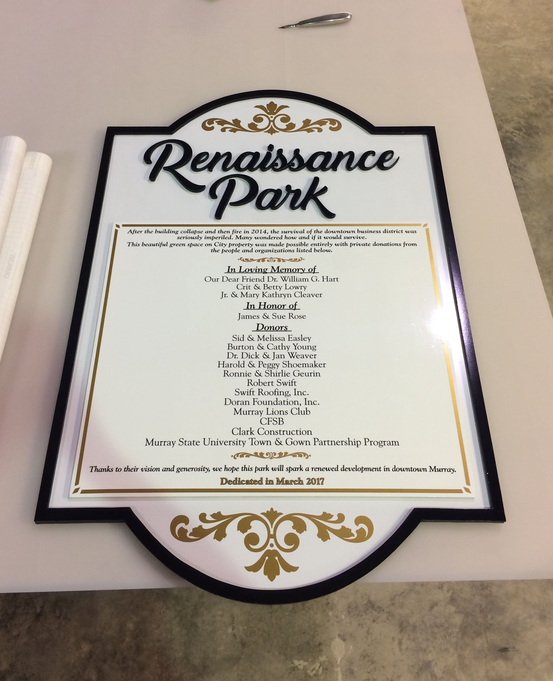Dedication Plaque with 3D letters and frame. Removable panel with vinyl donor names.