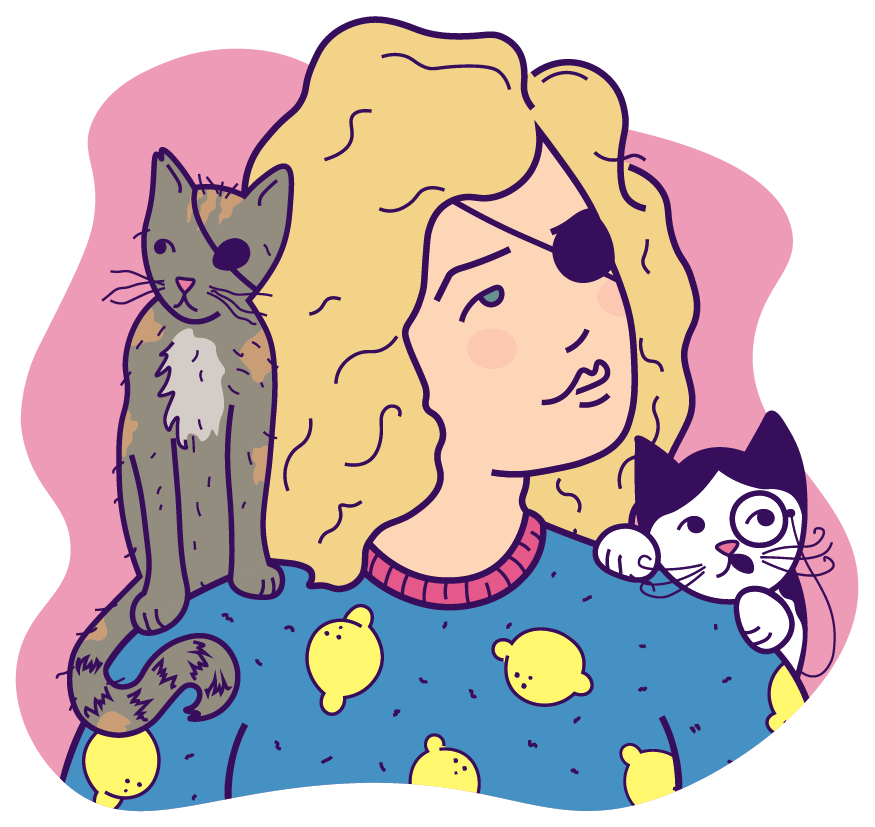 Emmie White logo image of herself with her two kitties