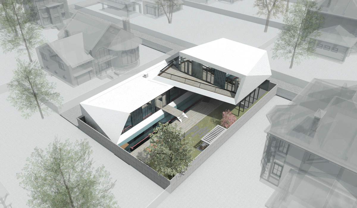 Aerial view of Paper House illustrating the integration of the open parking spot and the long open pool in the yard. Concept by STIPFOLD.