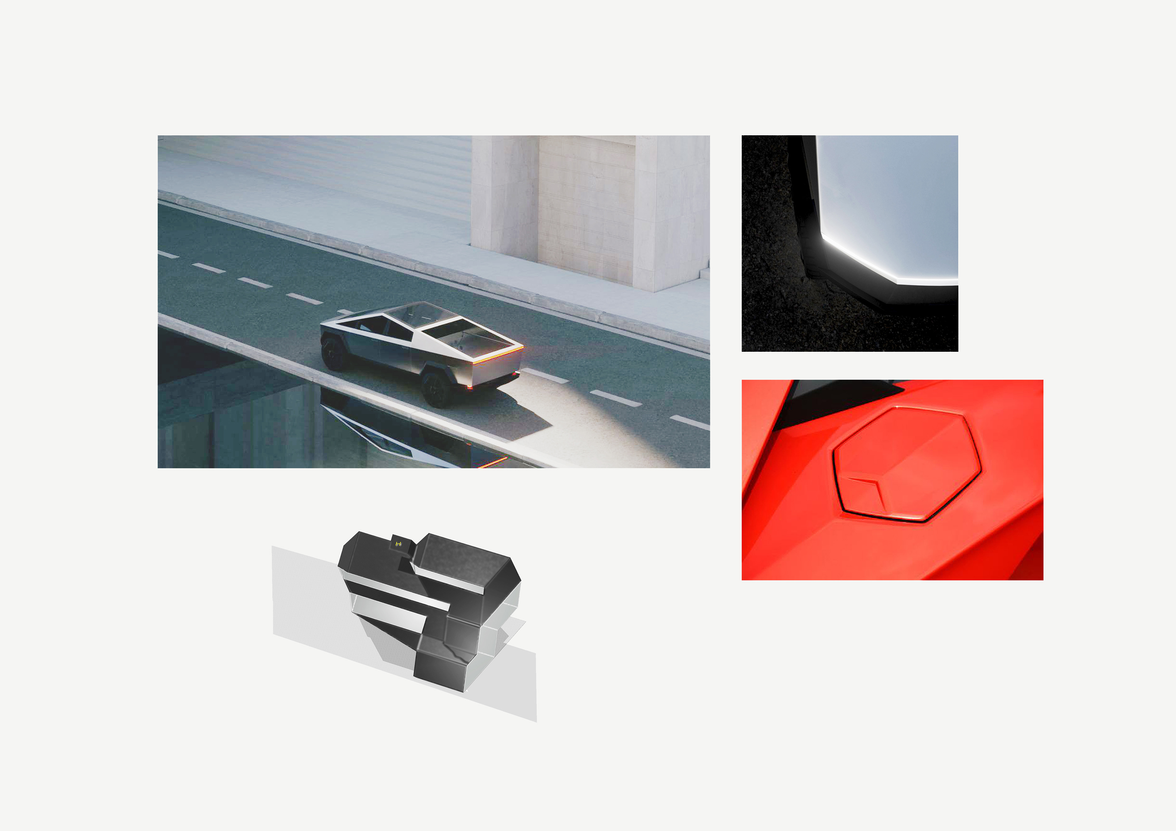 Composite image featuring a futuristic car driving on a modern road, detailed close-ups of a car's angular design elements, and a digital architectural model with similar geometric shapes.