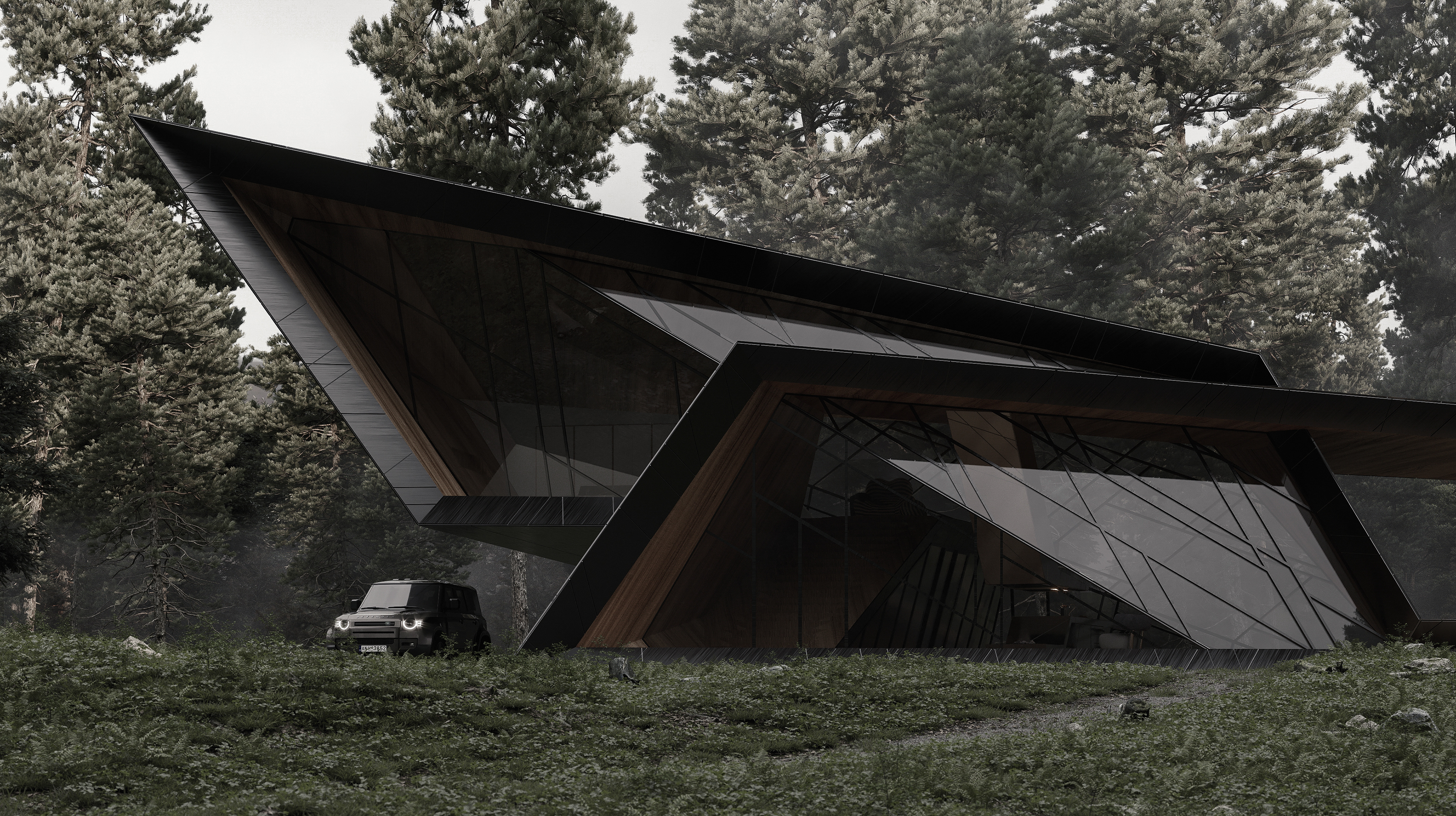 Front view of Blackbird cabin showing its spaceship-like structure with angular shapes in a forest setting. Designed by STIPFOLD