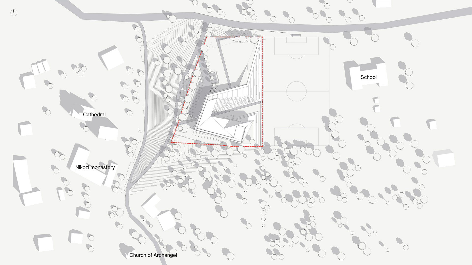 Site plan of Nikozi Art Palace showing the building in context with nearby landmarks.
