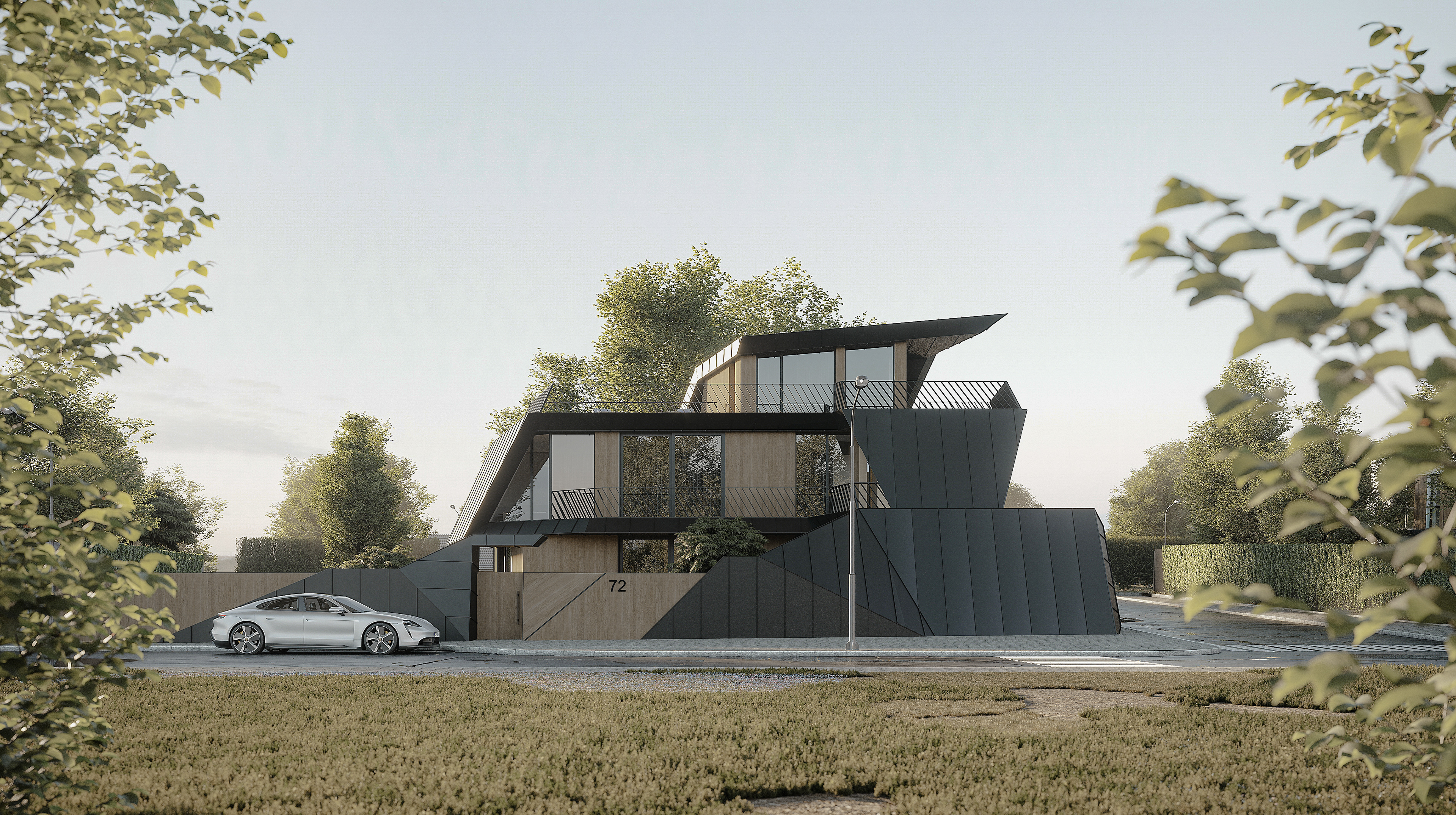 Front view of a contemporary multi-story house with sharp geometric shapes, featuring large windows, metal, and wooden cladding, set amidst a green suburban neighborhood