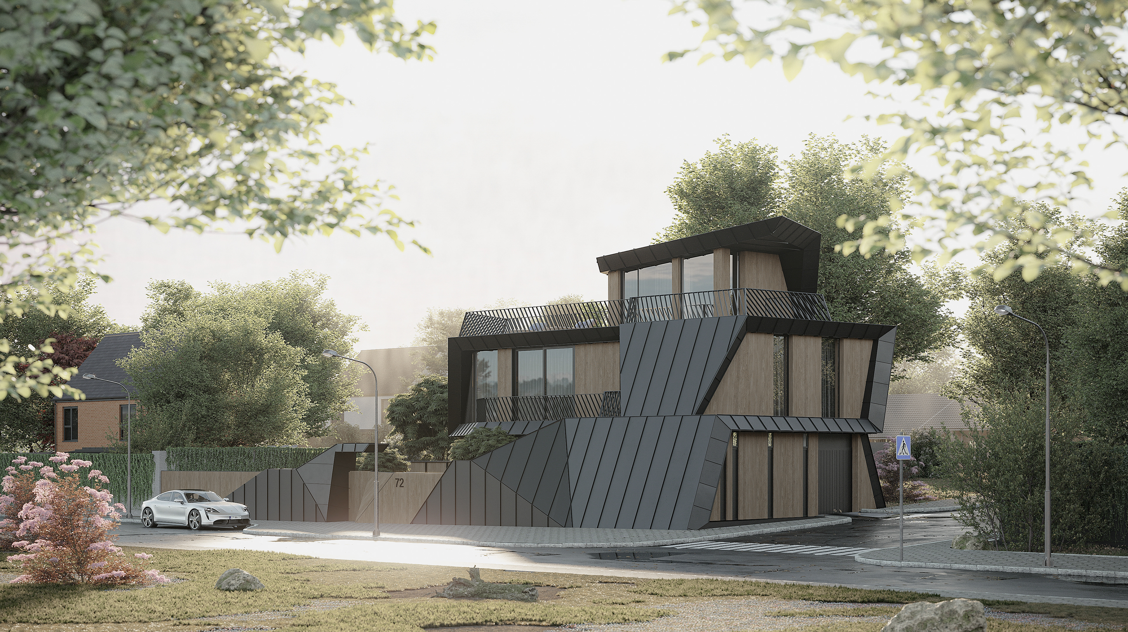 Side view of a modern residential building with overlapping angular roofs and a mix of wooden and metal exterior finishes, situated in a leafy residential area