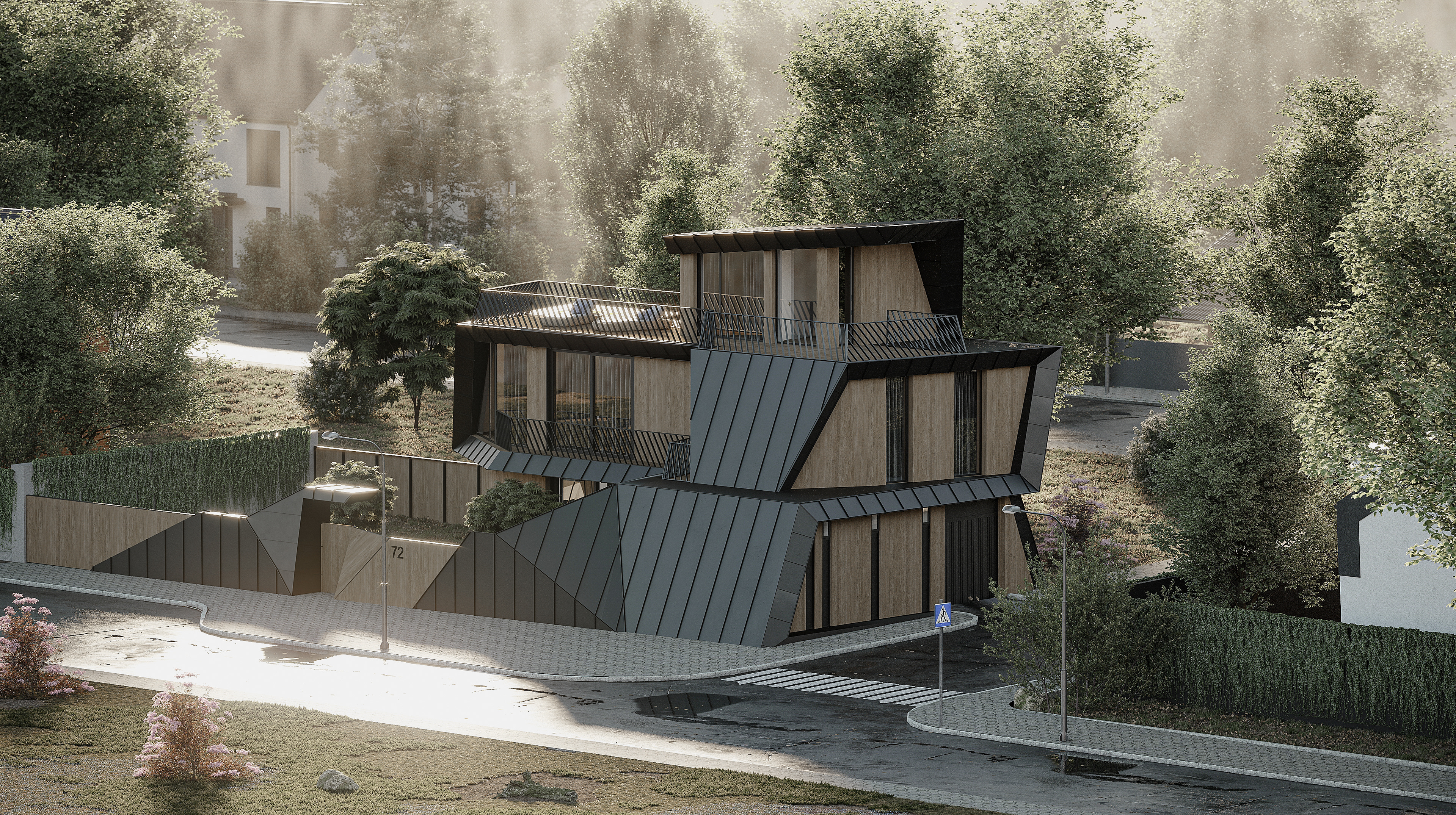 Rear view of a modern house with an angular design, showcasing a terrace on the top floor and large windows, surrounded by trees and adjacent homes.