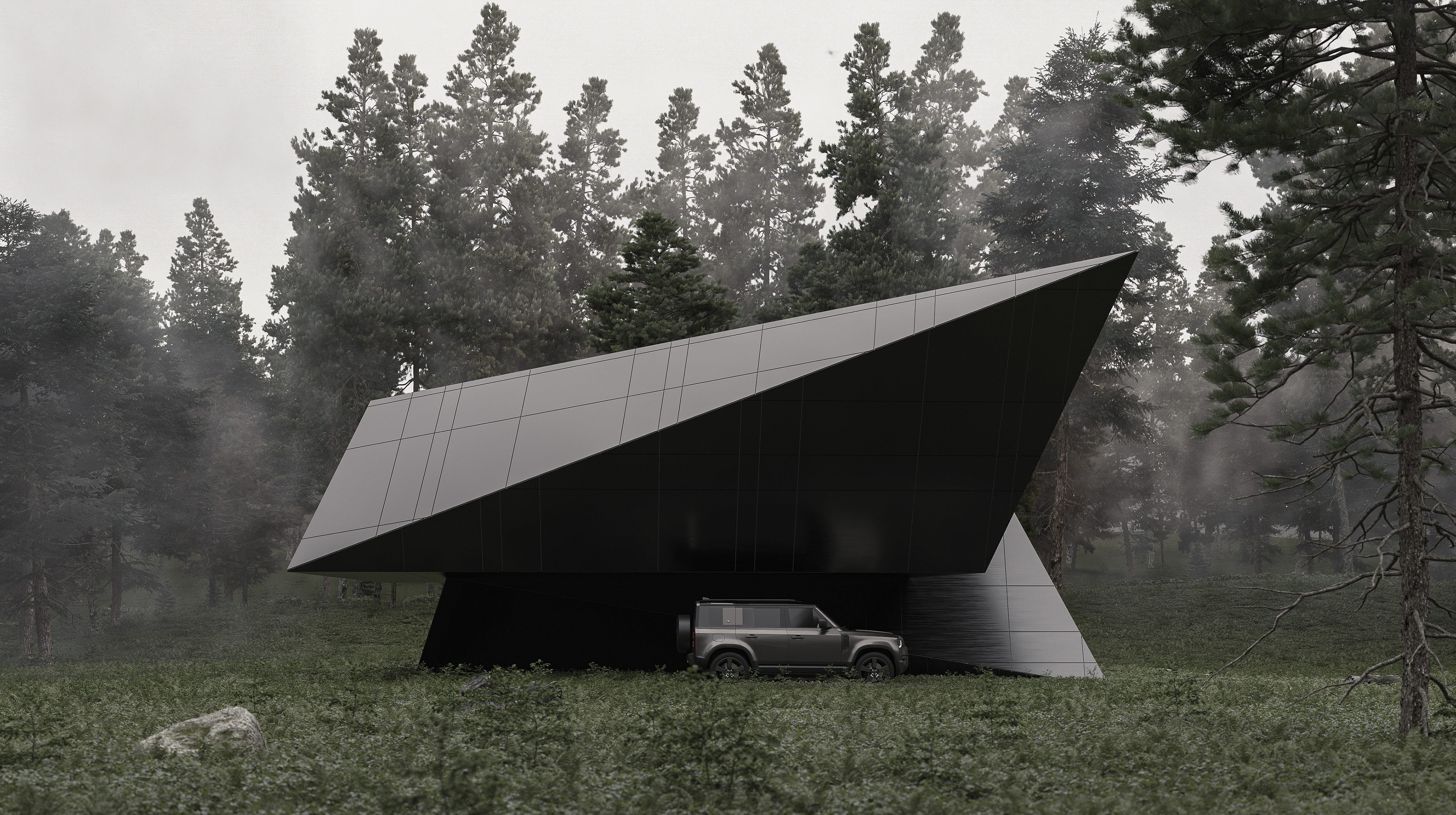 Side view of Blackbird cabin highlighting the sleek, angular design and metal exterior. Located in a forest environment. Designed by STIPFOLD.