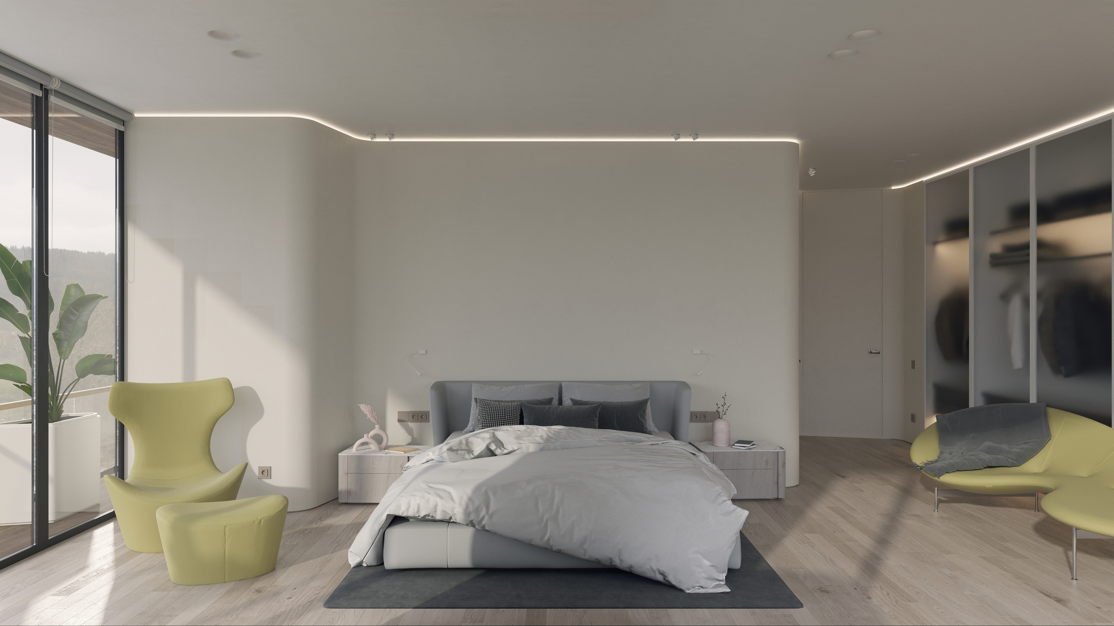 Modern master bedroom with panoramic views, featuring a yellow accent chair and minimalist design. Designed by STIPFOLD for the RAXYSE project