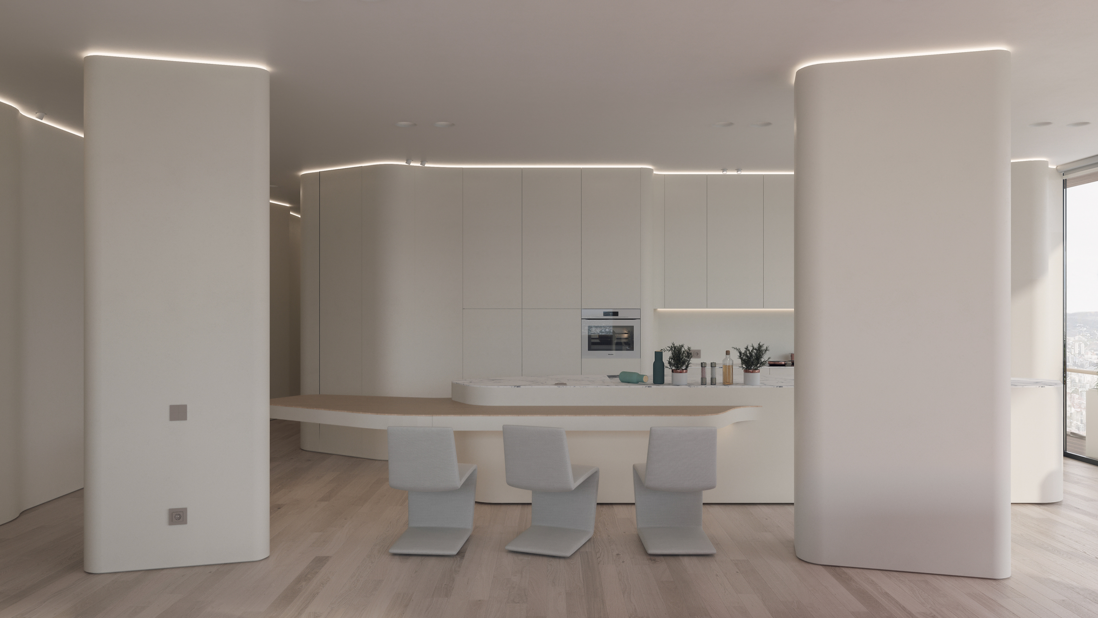 Minimalist kitchen with custom-designed island and seamless cabinetry. Part of the RAXYSE project by STIPFOLD in Lisi Green Tower