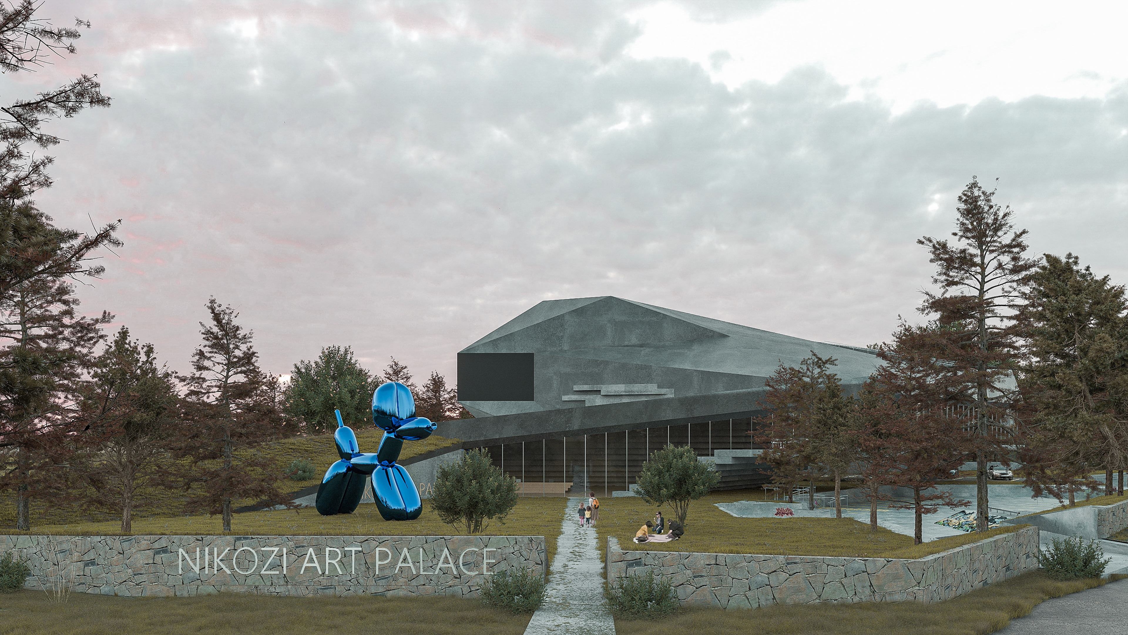 Exterior view of Nikozi Art Palace with modern architecture and surrounding trees.