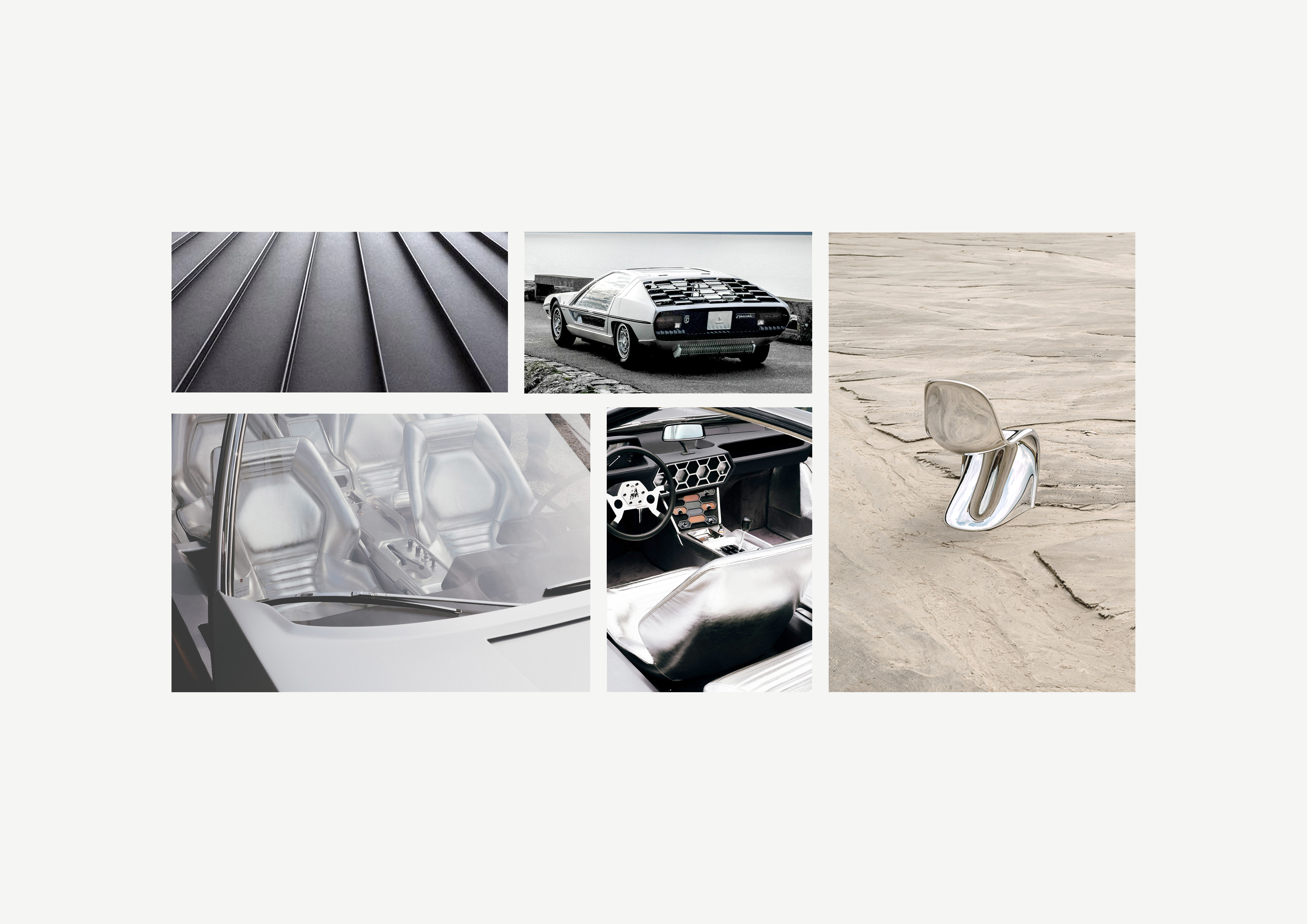 Collage of images showing a vintage sports car, detailed views of its interior and exterior design, including metal textures and a modern, abstract metal chair.