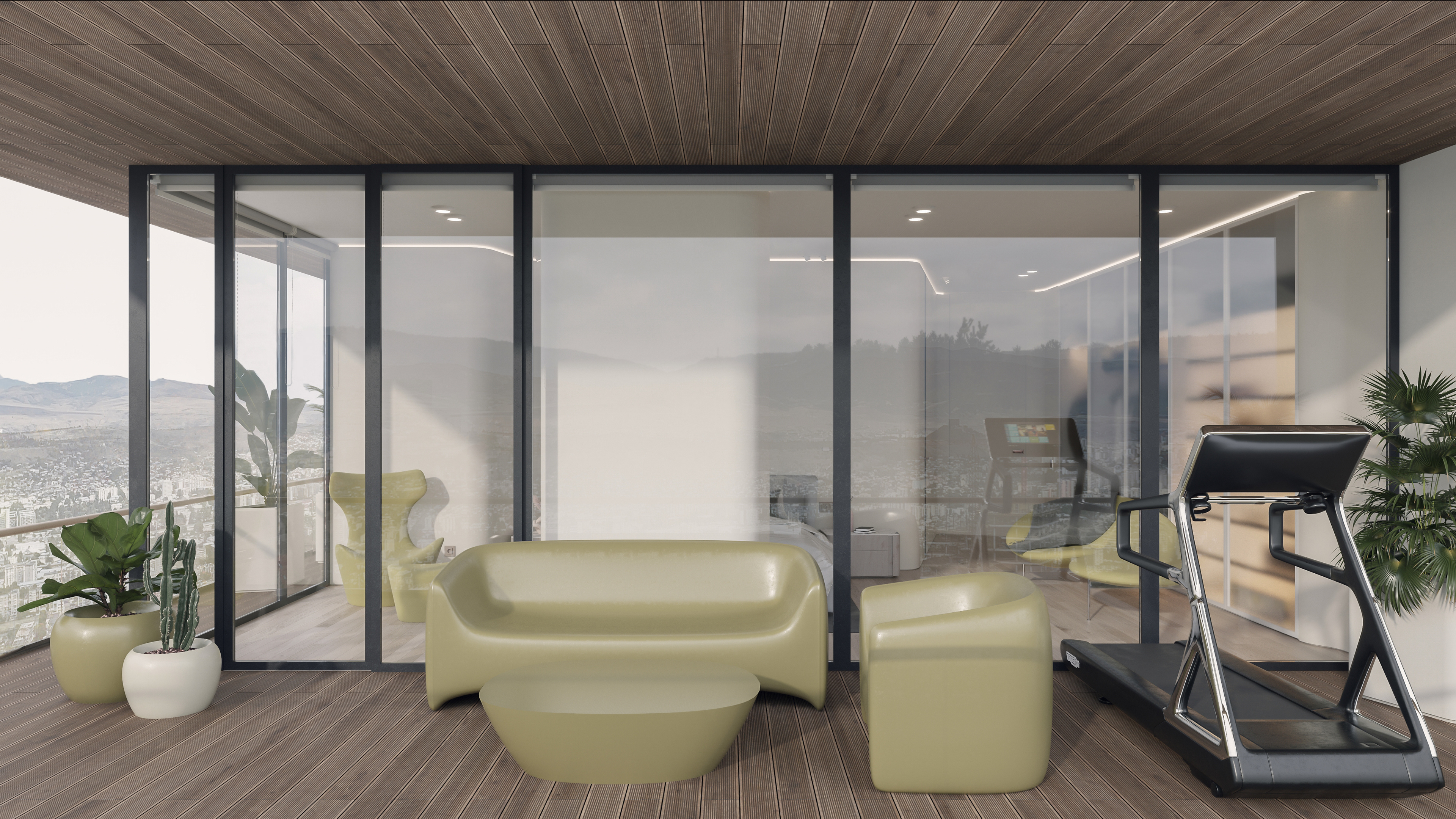 Contemporary terrace featuring olive green furniture and a treadmill, with potted plants and glass walls revealing a city view.