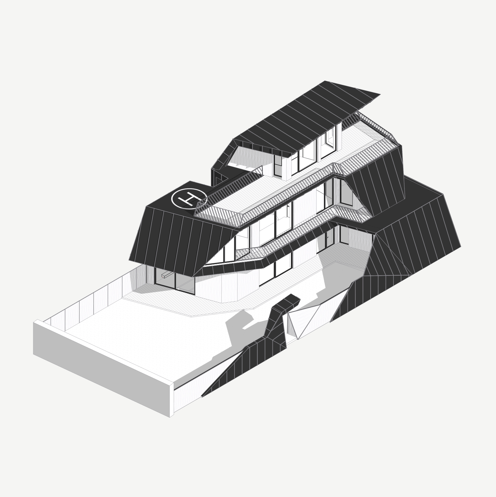 3D axonometric view of a modern, angular house with multiple levels, large windows, and a helipad on the roof.