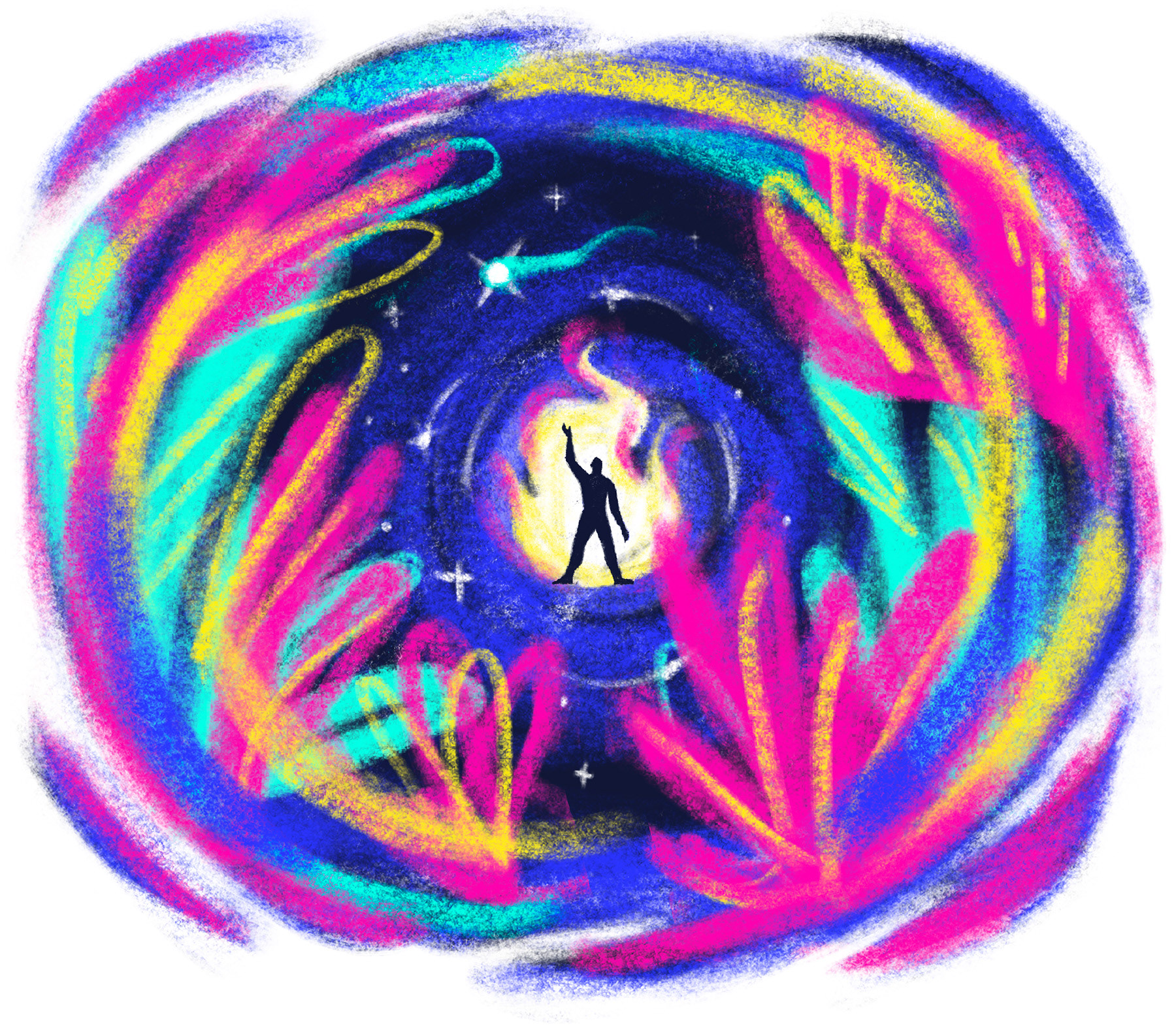 Illustrated lone figure standing at the centre of a luminous cosmic vortex, one arm raised, surrounded by reaching hands and swirling energy in pink, blue, teal and yellow — representing the power of mission-driven storytelling to move people from observers to participants, and the belief that the most important work lives in what can still be imagined, from the Story of Us manifesto by Itsanashow Studio.