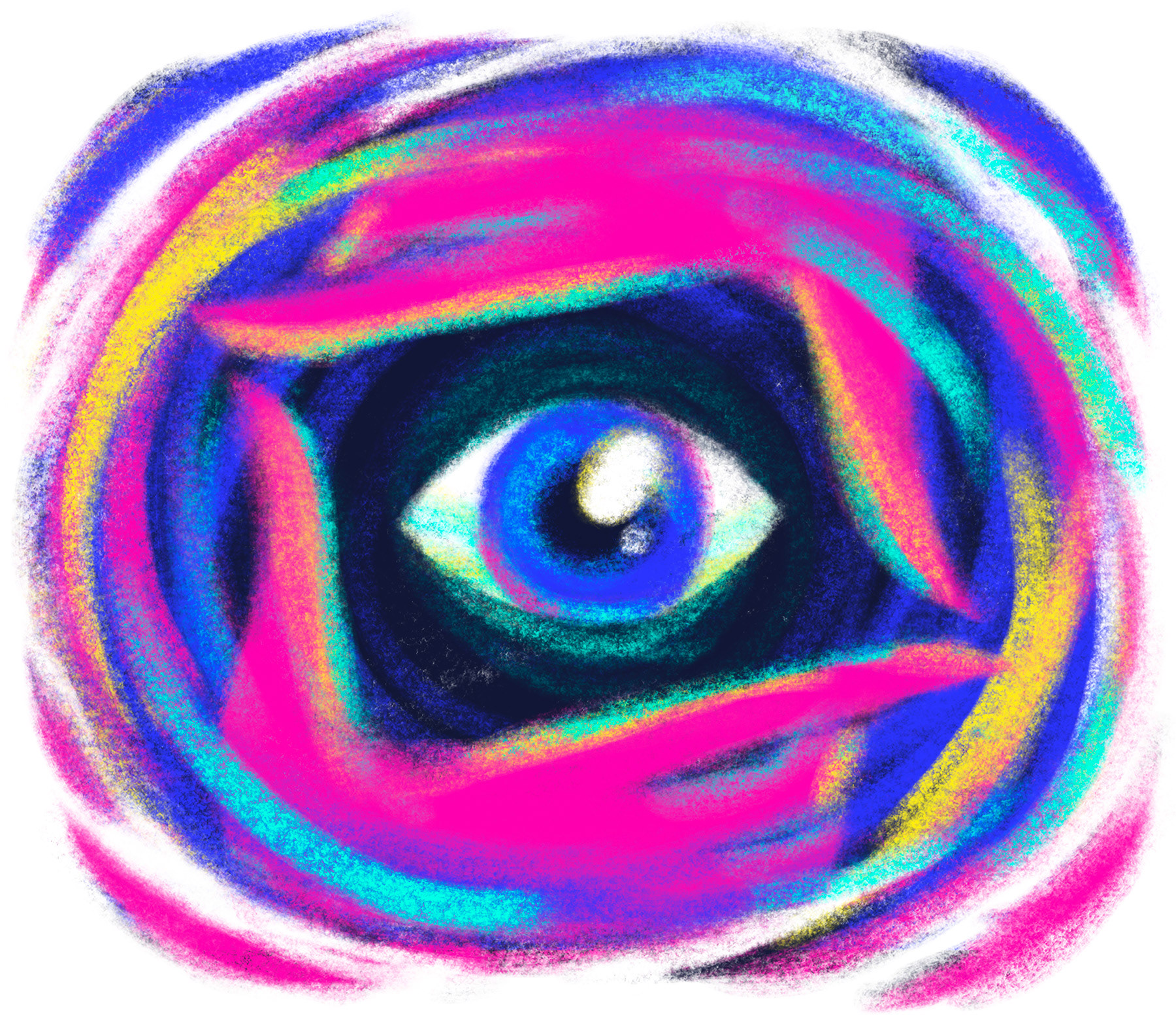 Illustrated eye surrounded by swirling layers of vibrant colour in pink, blue, teal and yellow — representing perception and the idea that every visual detail carries meaning and intention, from the Story of Us manifesto by Itsanashow Studio.