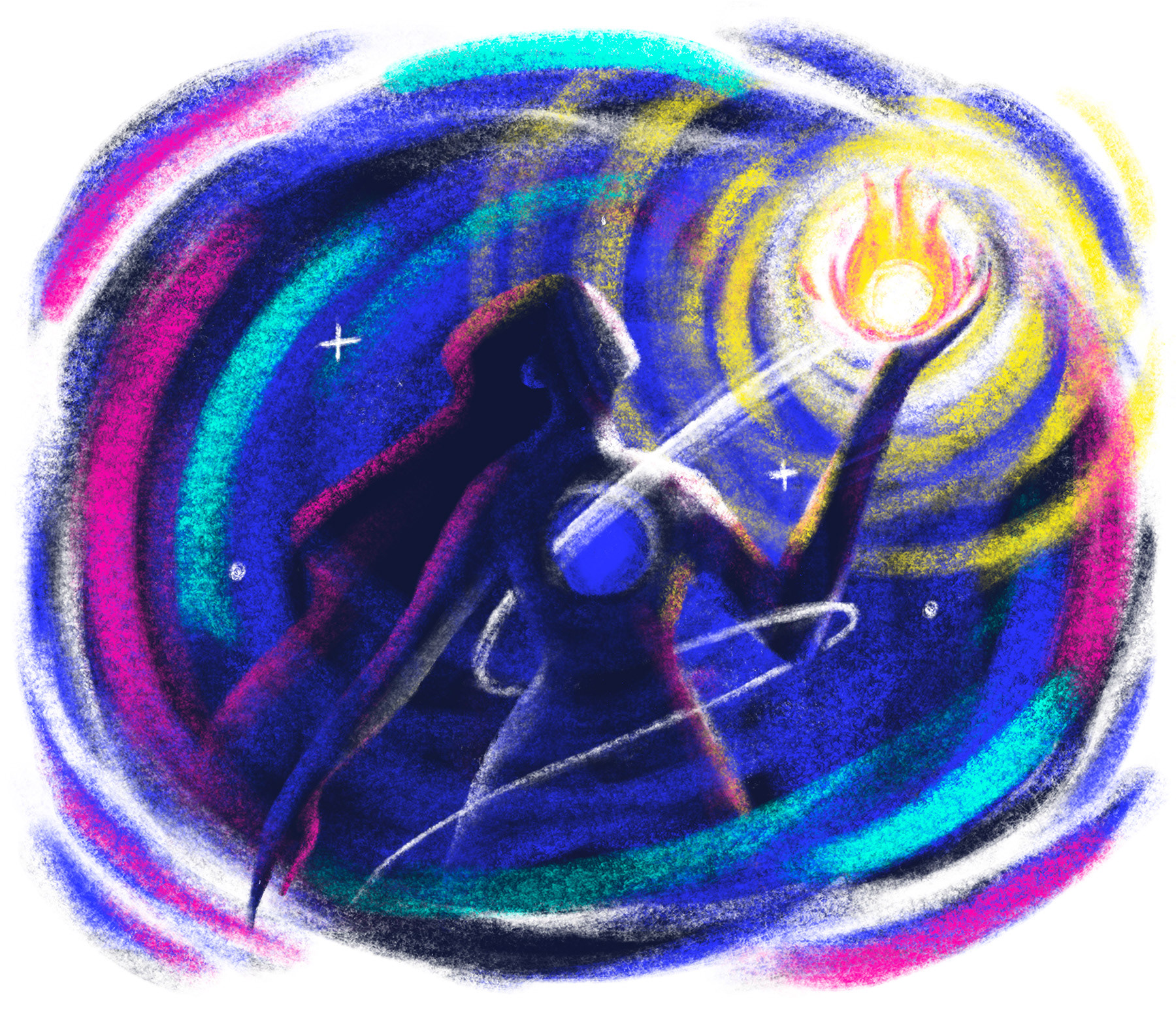 Illustrated figure reaching upward holding a glowing flame, surrounded by vibrant swirling energy in blue, pink, teal and yellow — representing the idea that story doesn't just reach the mind, it enters the body, from the Story of Us manifesto by Itsanashow Studio.