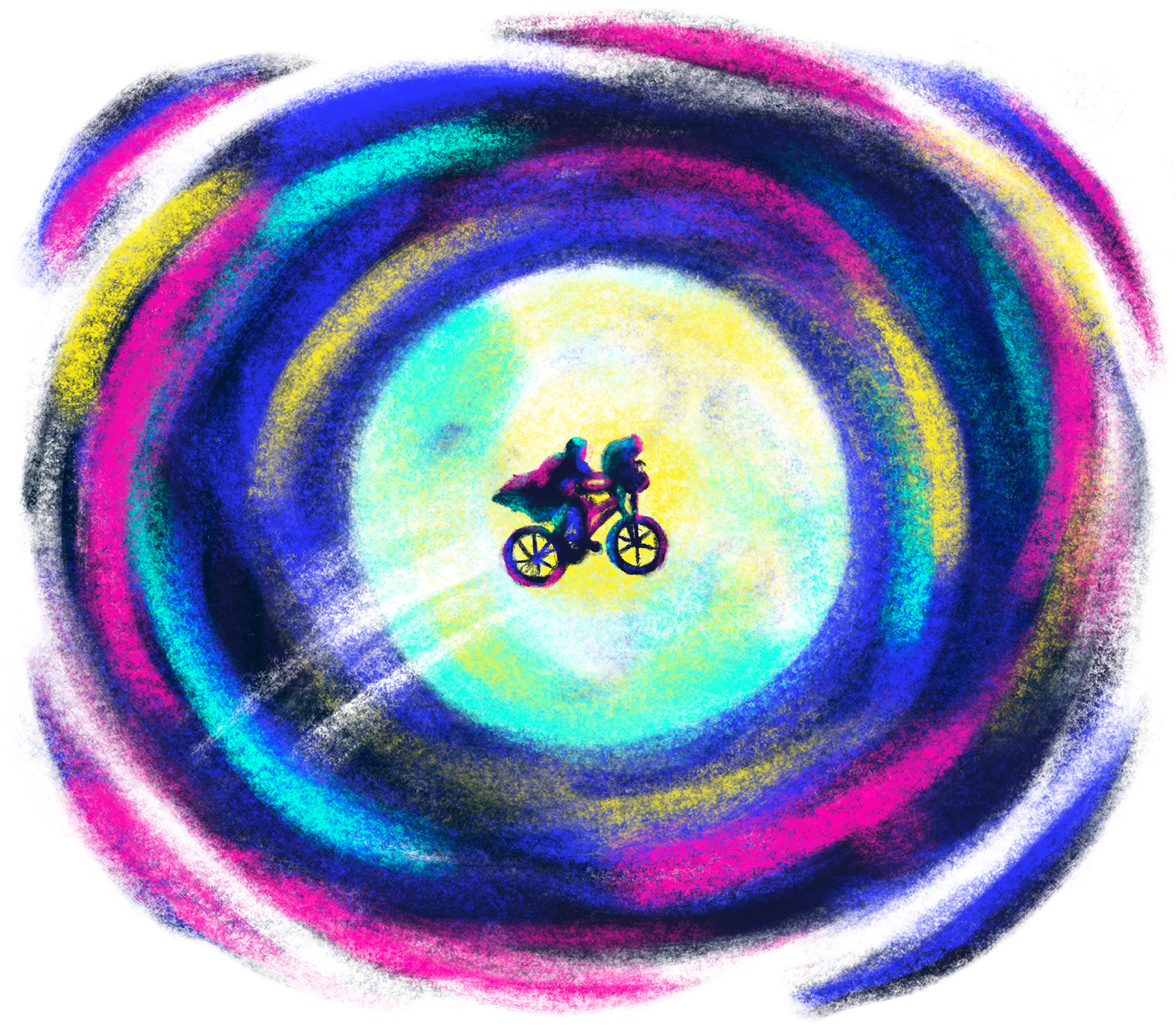 Illustrated homage to the iconic ET bicycle scene, two figures riding through a luminous cosmic vortex of colour in blue, pink, teal and yellow — representing the power of cinema to create images that transcend time and live in cultural memory, from the Story of Us manifesto by Itsanashow Studio.