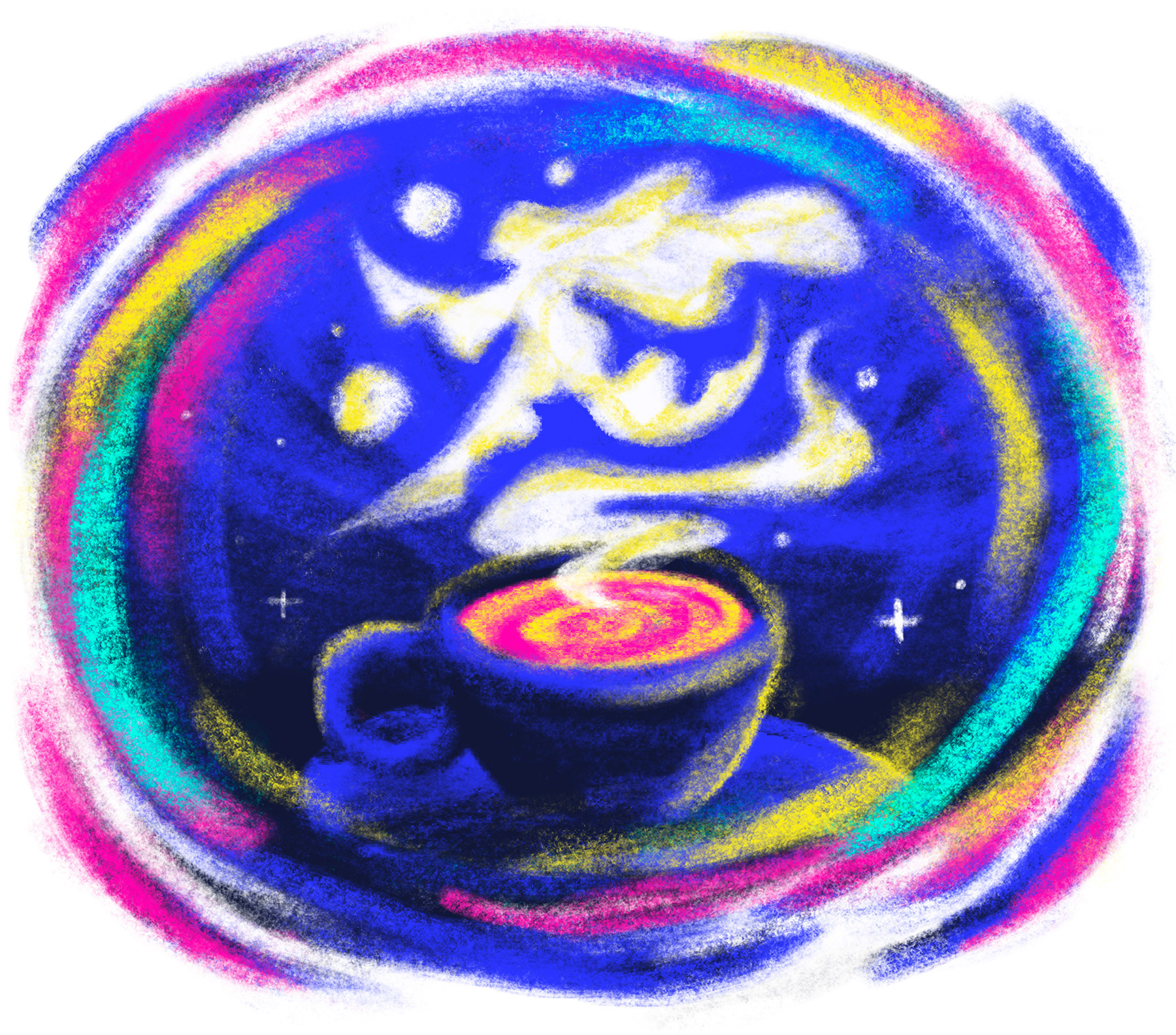 Illustrated steaming cup with swirling cosmic energy rising as smoke, shapes shifting into figures and narratives — reflecting how the brain transforms everyday moments into story, and how a powerfully told experience becomes indistinguishable from a lived one, from the Story of Us manifesto by Itsanashow Studio.