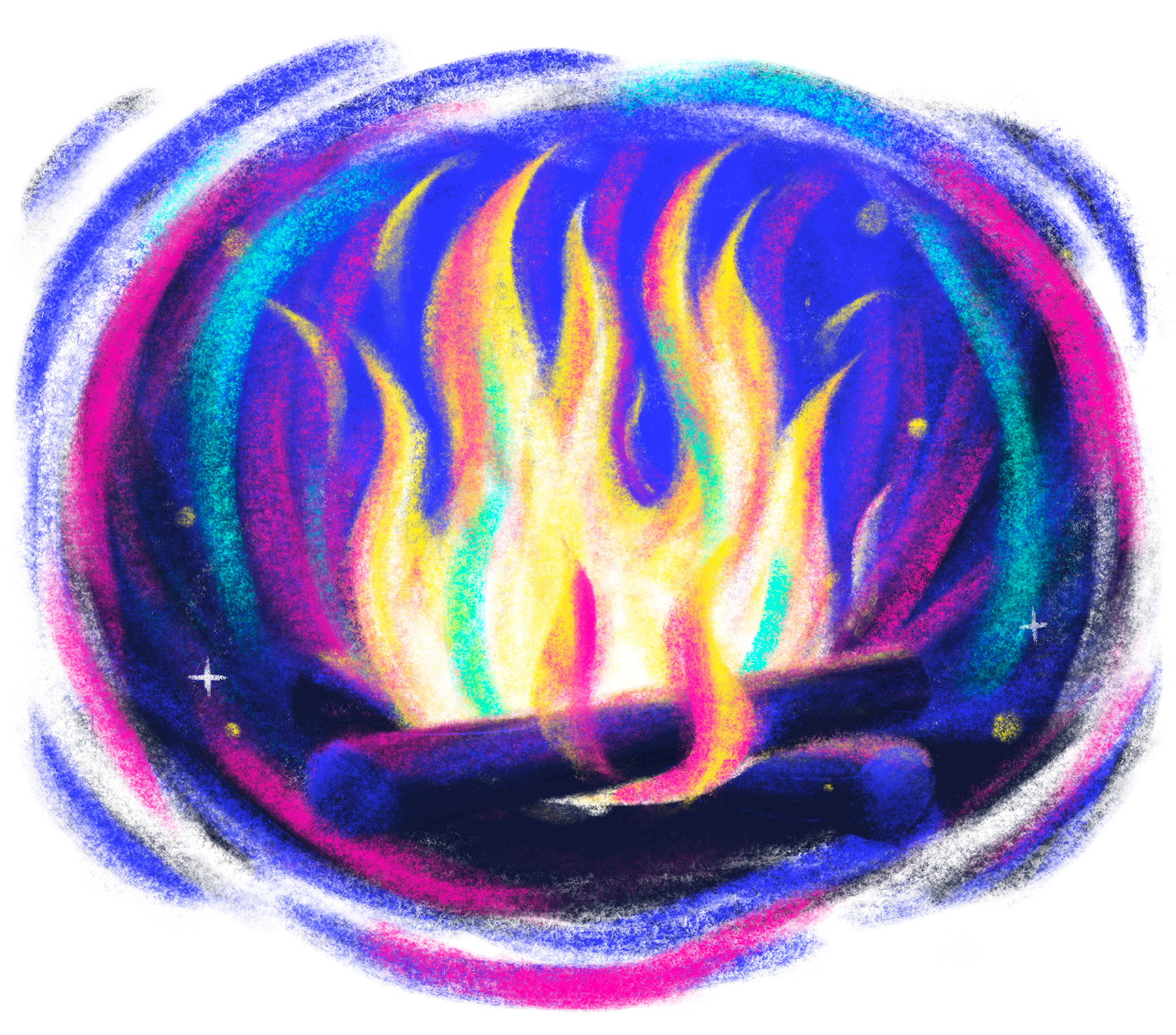 Illustrated campfire with vibrant multicolour flames in blue, pink, yellow and teal — symbolising storytelling as the oldest human technology, from the Story of Us manifesto by Itsanashow Studio