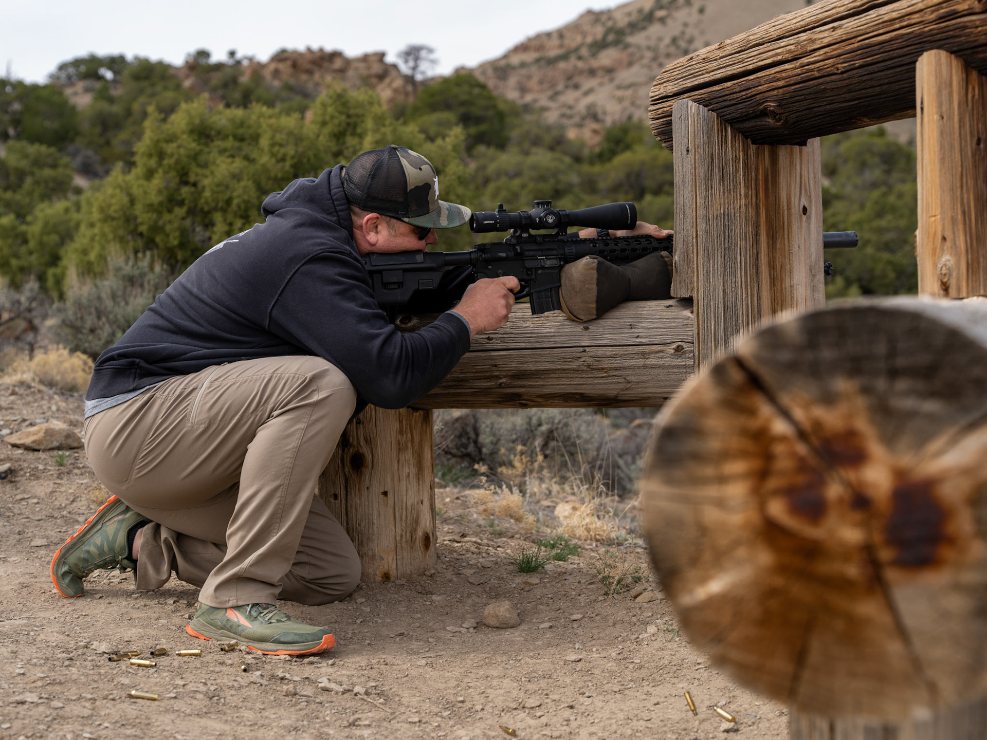 Shooter Engaging Targets from Hitching Post Barricade