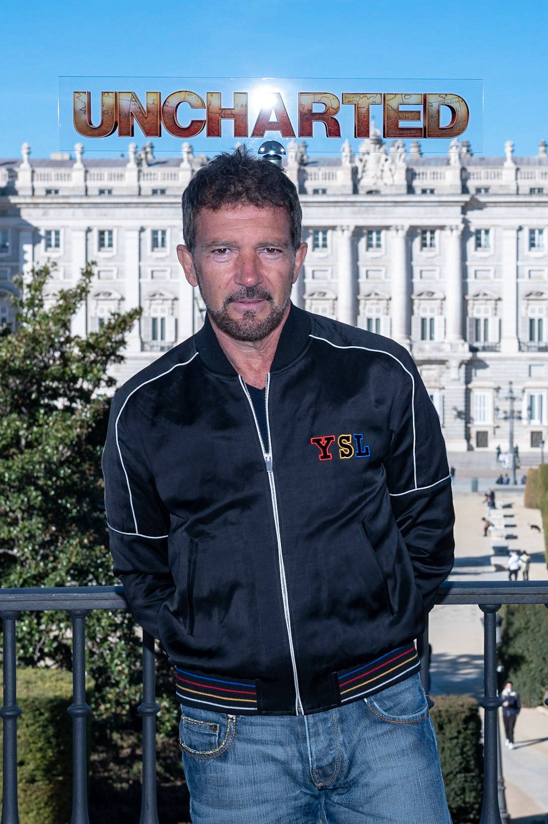 Actor Antonio Banderas, poses at the photocall of the film 'Uncharted', at the Teatro Real, on February 8, 2022, in Madrid, Spain