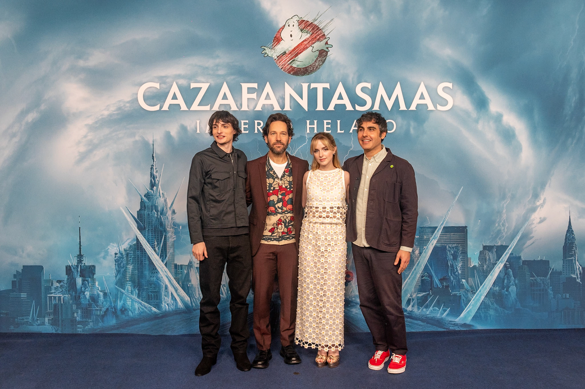 MADRID, SPAIN - MARCH 18: (L-R) Actors Finn Wolfhard, Paul Rudd, McKenna Grace and director Gil Kenan pose during a photocall for the film 'Ghostbusters: Frozen Empire' at the Mandarin Oriental Ritz Hotel, March 18, 2024, in Madrid, Spain. (Photo Goyo Conde/ Sony Pictures Entertainment Iberia)