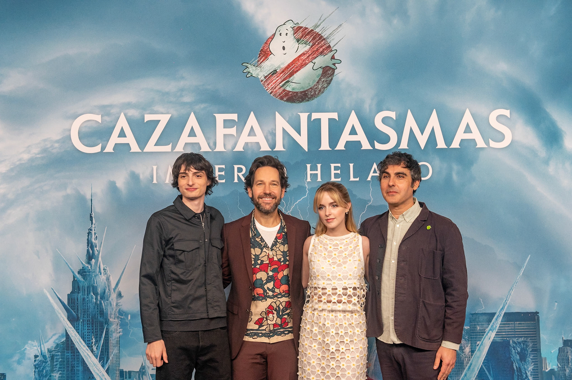 MADRID, SPAIN - MARCH 18: (L-R) Actors Finn Wolfhard, Paul Rudd, McKenna Grace and director Gil Kenan pose during a photocall for the film 'Ghostbusters: Frozen Empire' at the Mandarin Oriental Ritz Hotel, March 18, 2024, in Madrid, Spain. (Photo Goyo Conde/ Sony Pictures Entertainment Iberia)