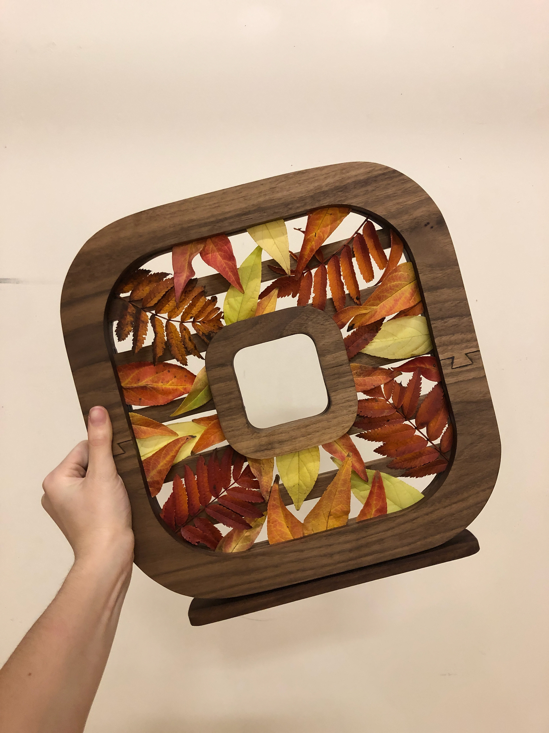 laser cut wood pieces magnetize together, allowing leaves to be placed in between