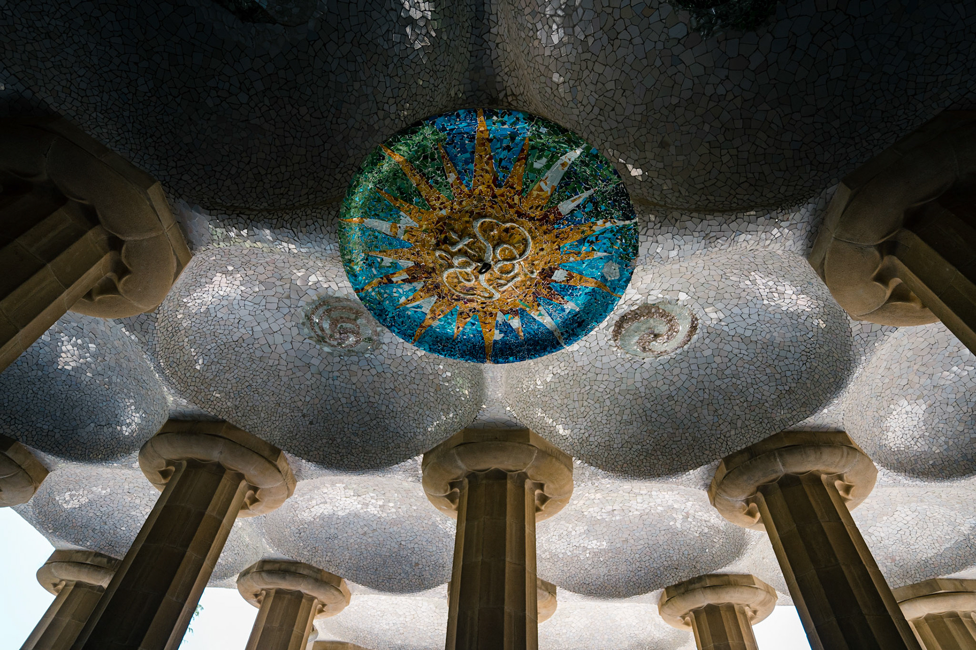 The ceiling of La Sala Hipòstila in Park Güell