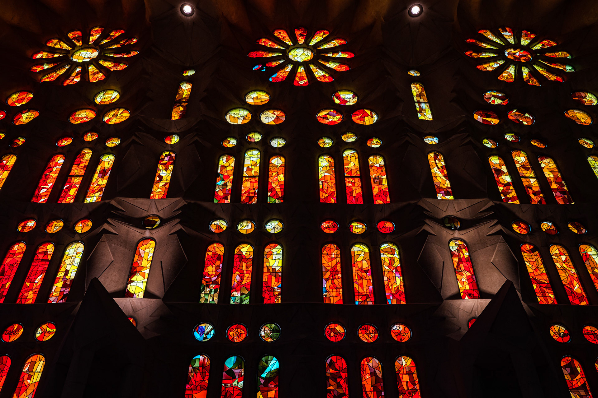 Inside stained glass windows of La Sagrada Família