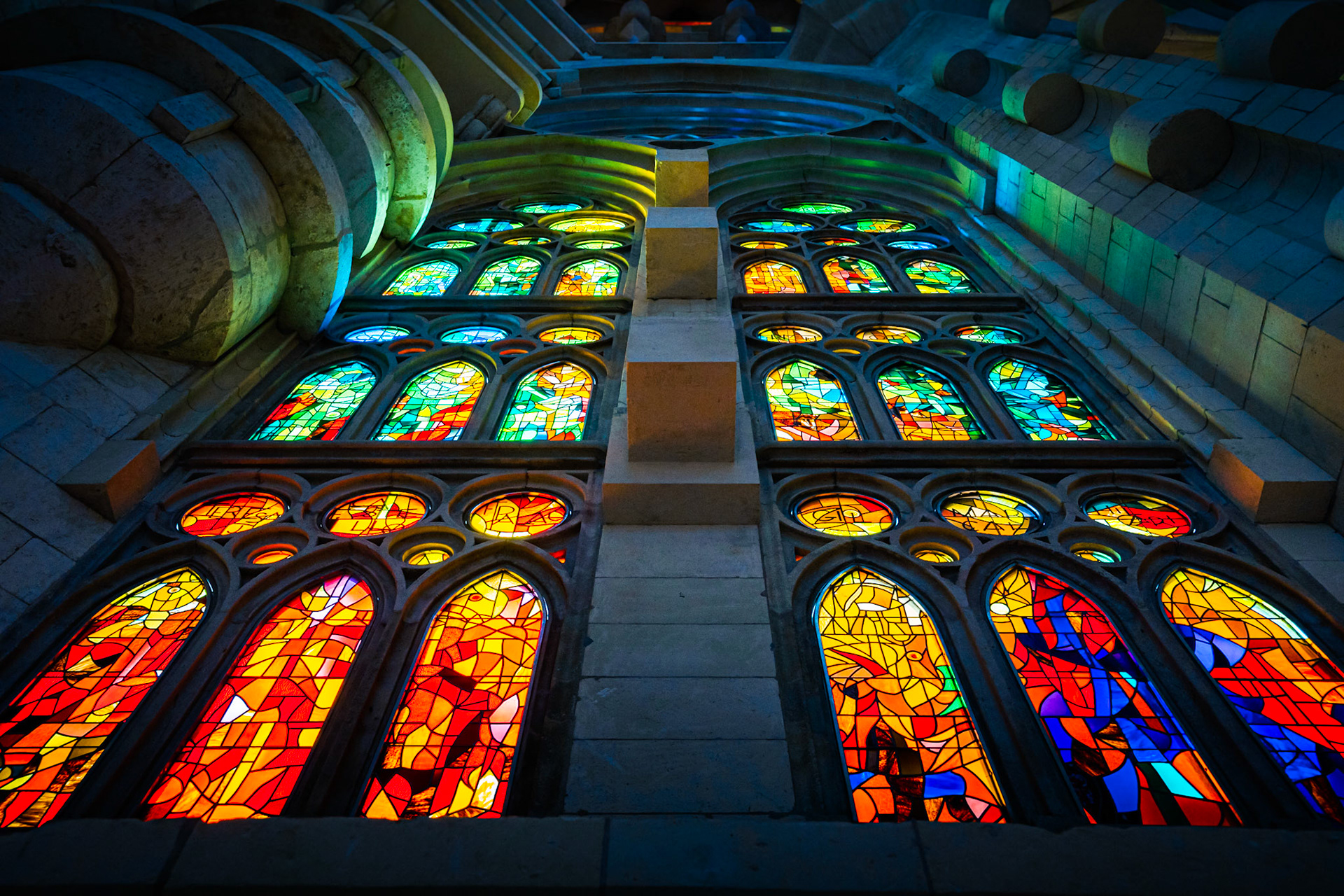 Inside stained glass windows of La Sagrada Família