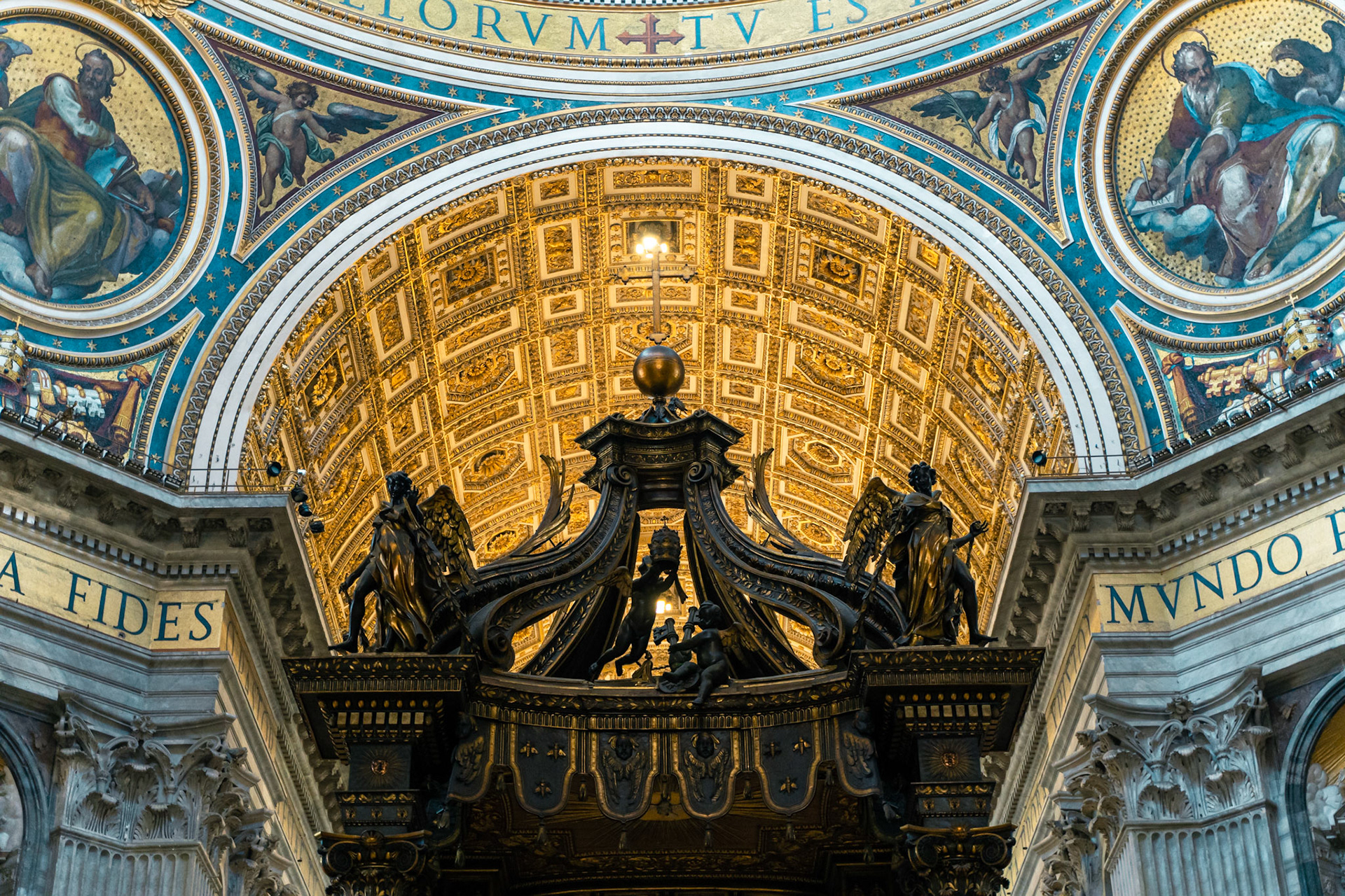 View of the top of St. Peter's Baldachin with the ceiling behind