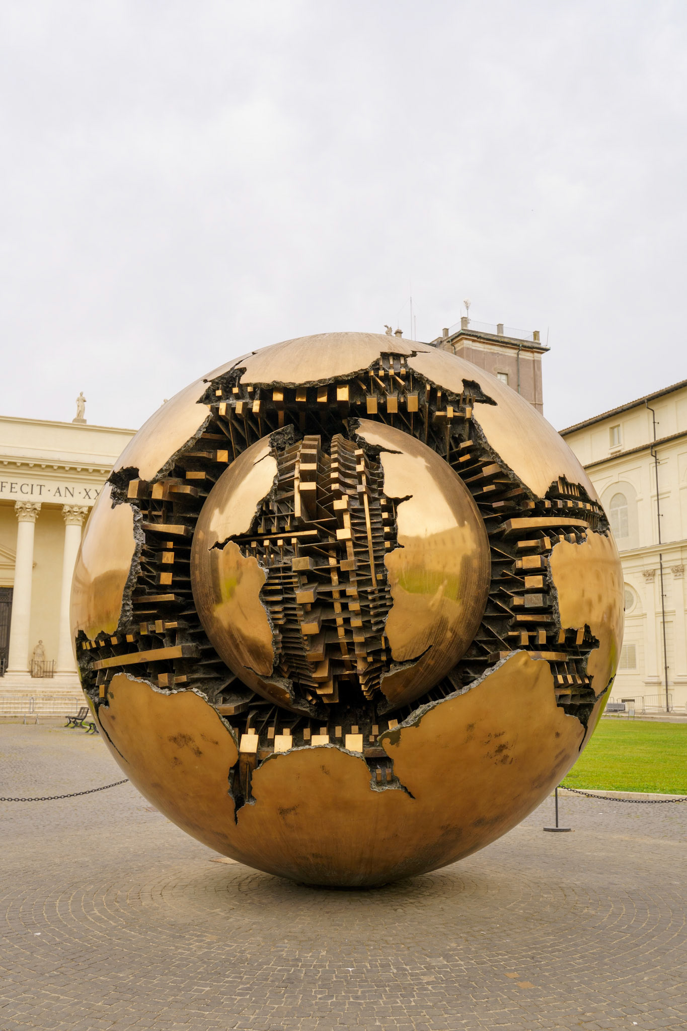 The Sfera con Sfera sculpture in the Pine Cone Garden of the Vatican