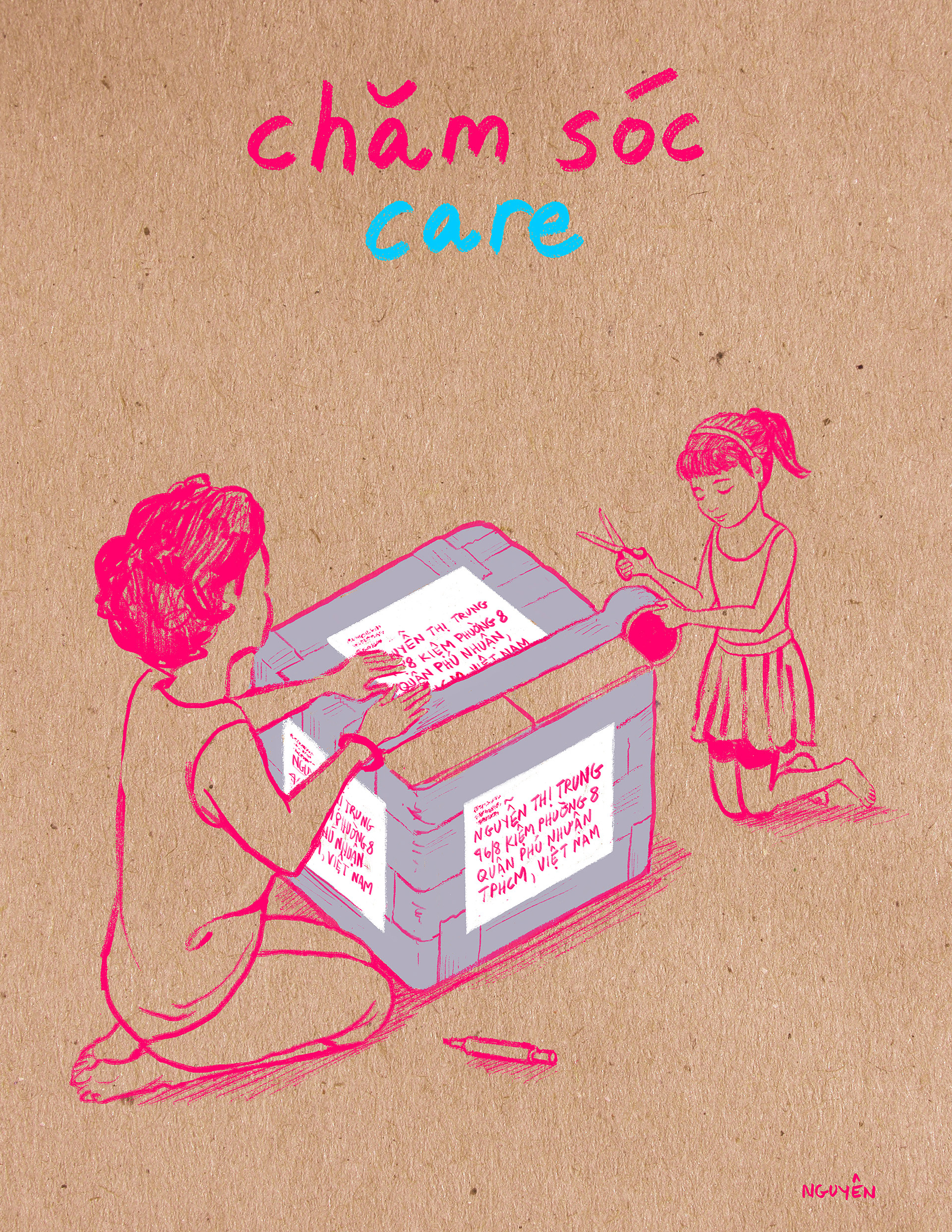 Chăm Sóc/Care, Screenprint on archival paper, 22 x 18 in, 2024.