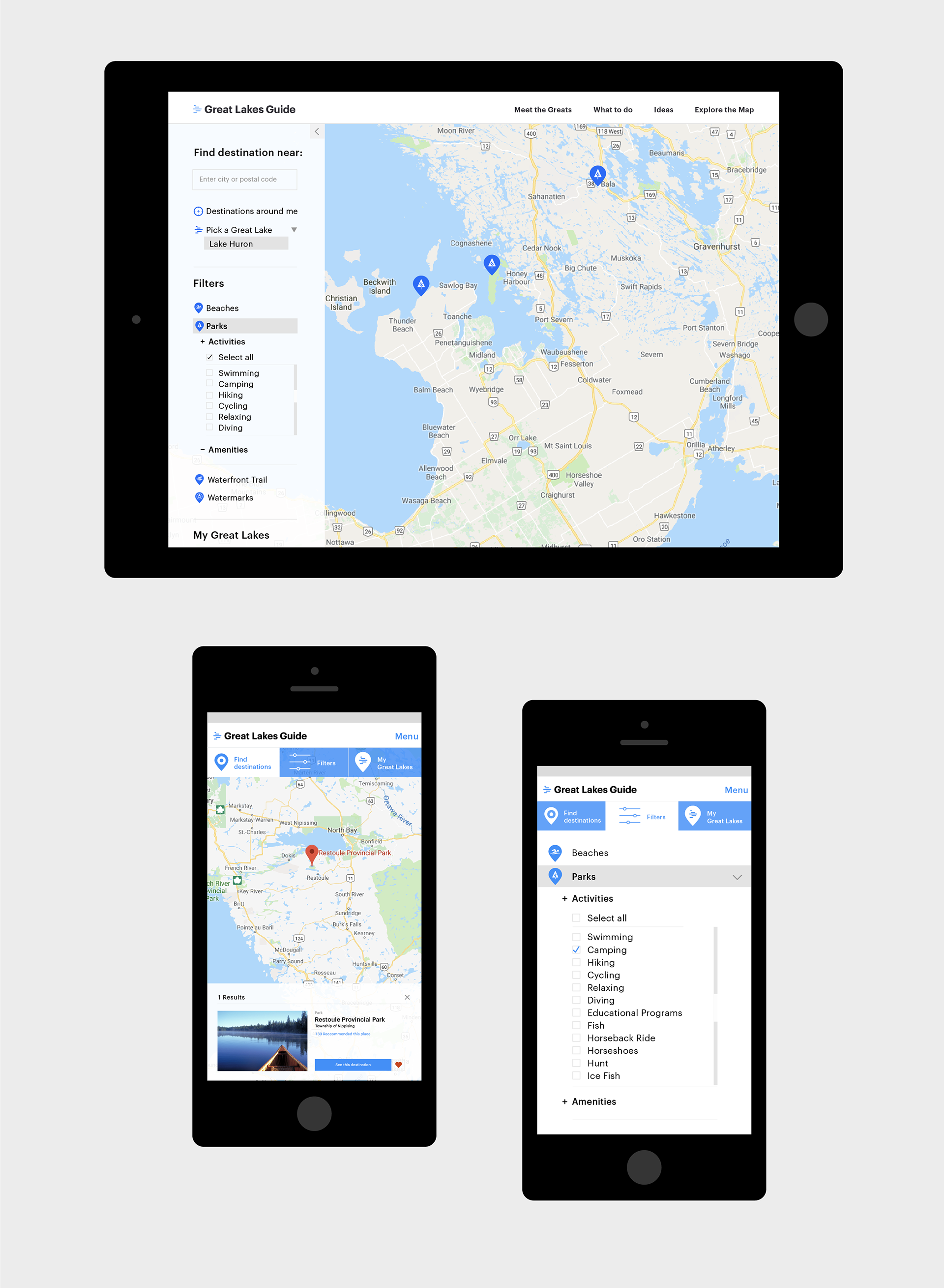 High resolution mobile and desktop prototype for an interactive map to find hundreds of activities, parks and trails.