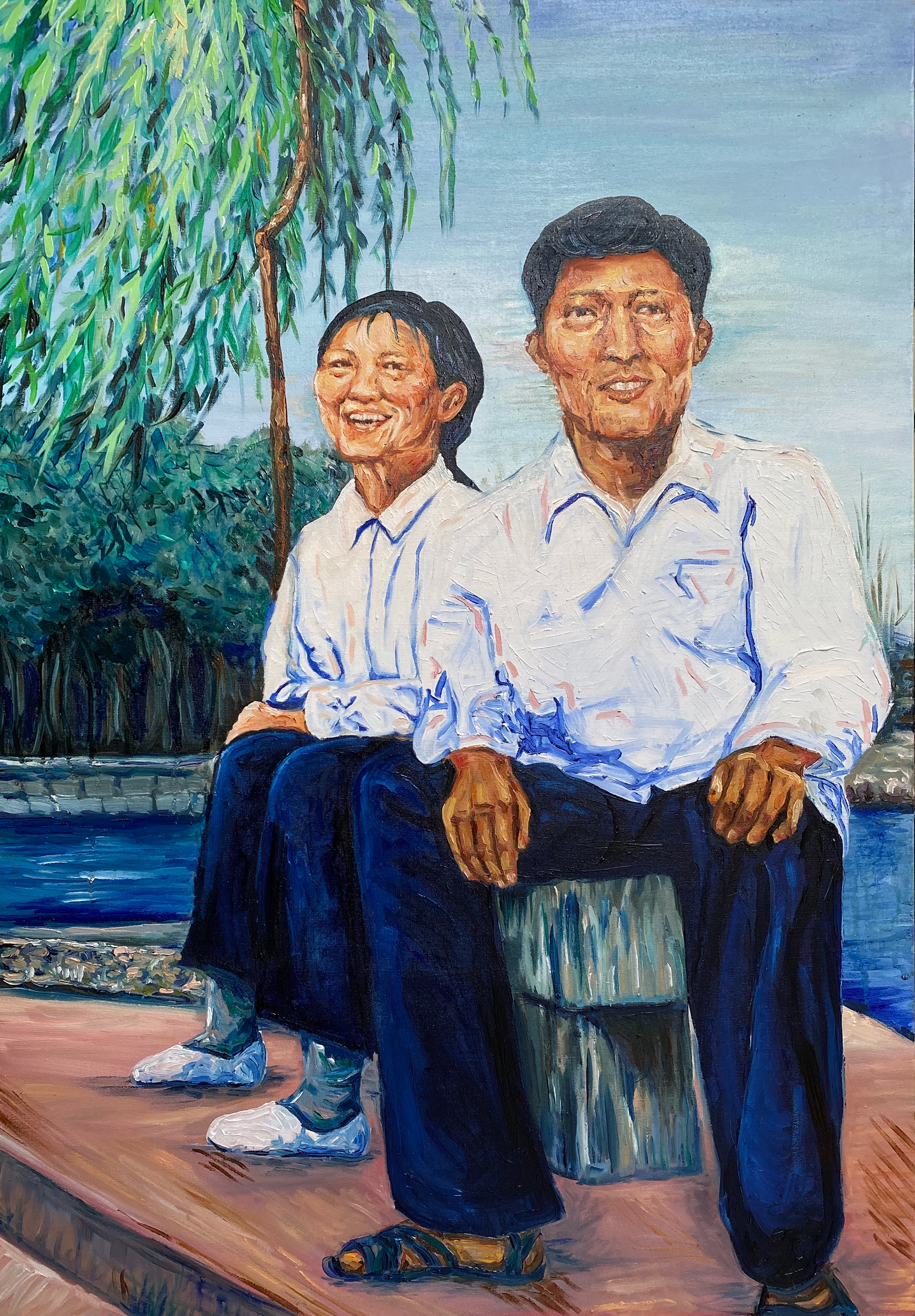 "By the Lake," 34x24in oil and acrylic on canvas