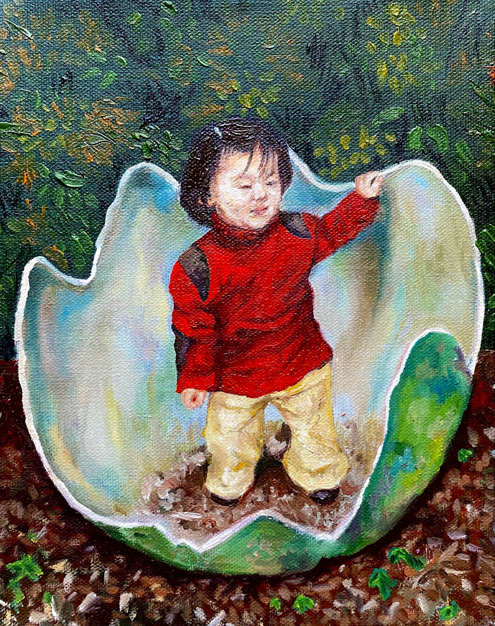 "Birth of a Child (孩子的出生)," 12x9in oil and acrylic on canvas
