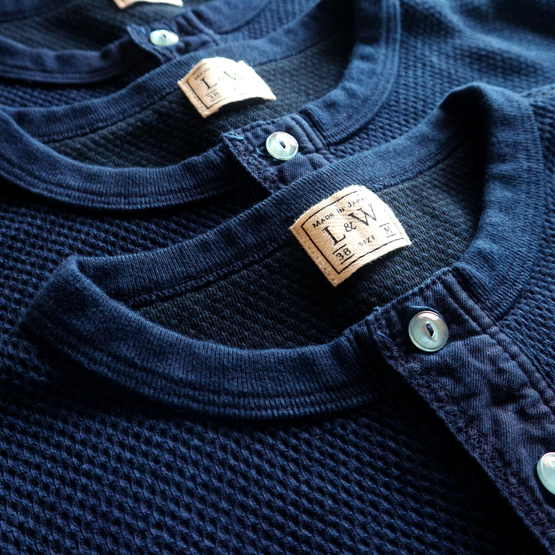 ODLW016 - INDIGO DYED DOUBLE FACE HEX HONEYCOMB THERMAL HENLEY