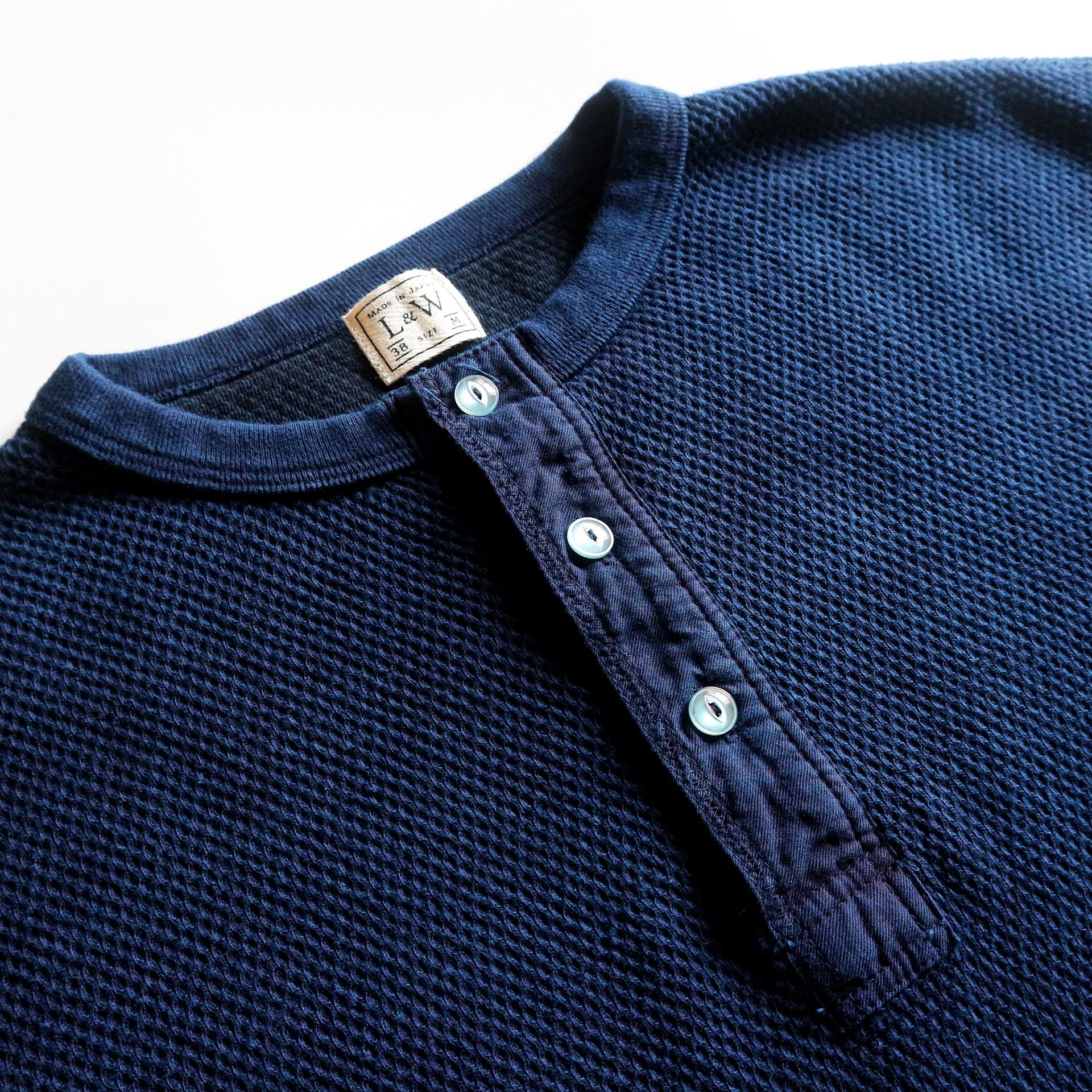 ODLW016 - INDIGO DYED DOUBLE FACE HEX HONEYCOMB THERMAL HENLEY