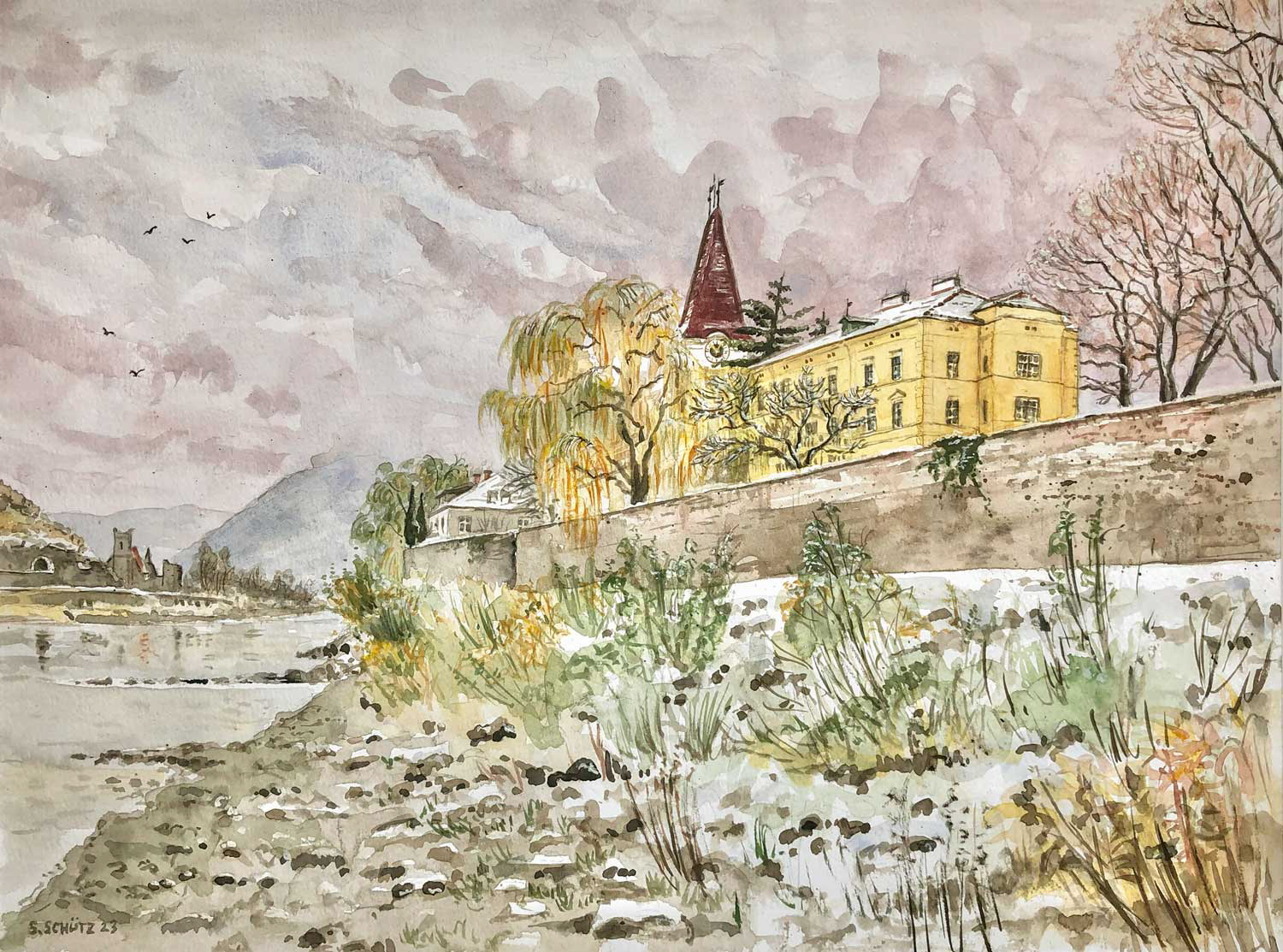 Herbstschnee, Donauufer Hofarnsdorf, 40 x 30 cm, 2023