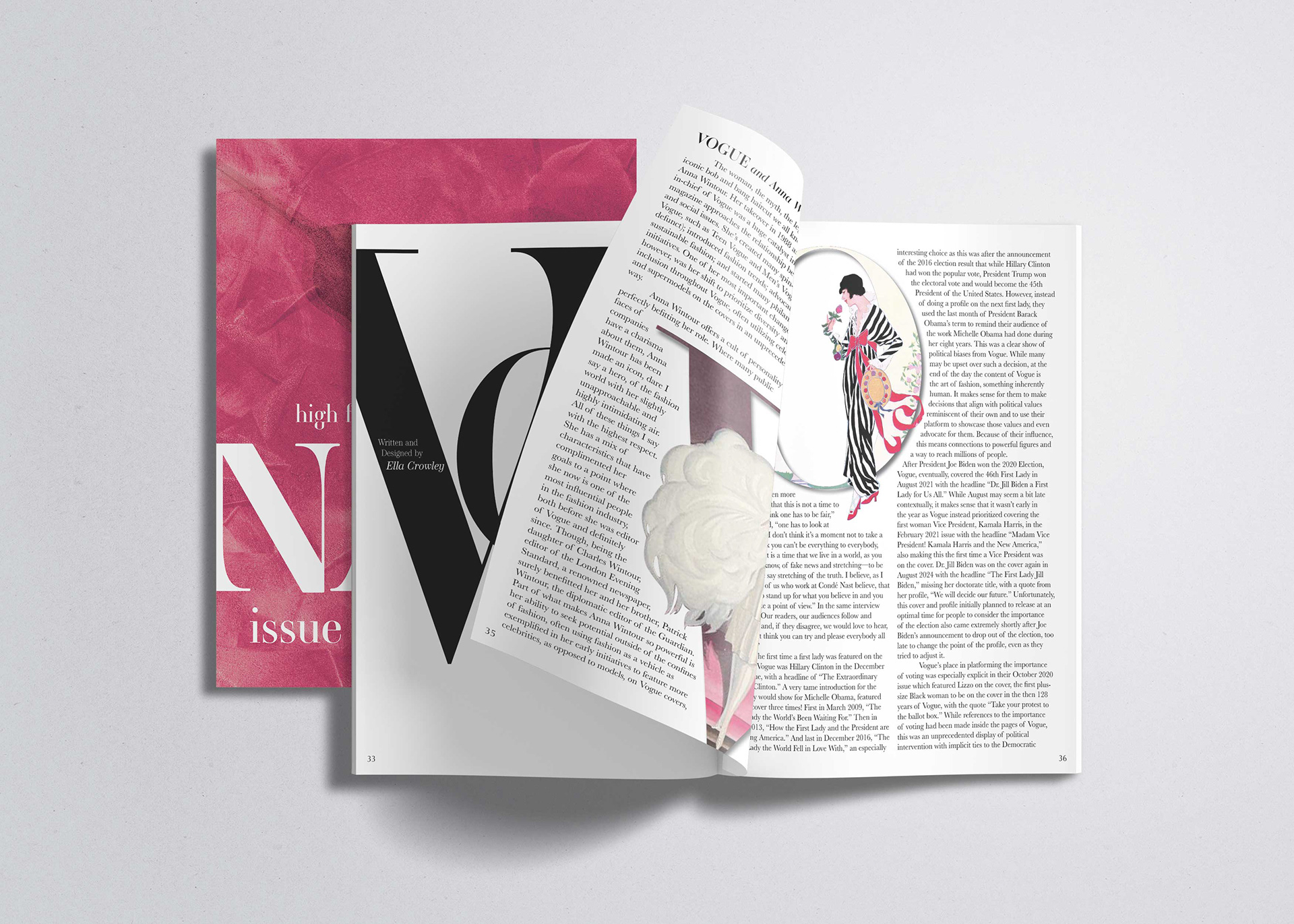 Mockup of two copies of Issue 99. One is open to a Vogue article, page mid-turning, on top of the other copy